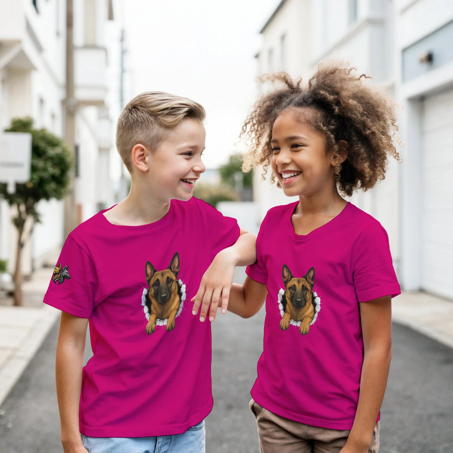 T-shirt enfant classique fuchsia Malinois trou mur