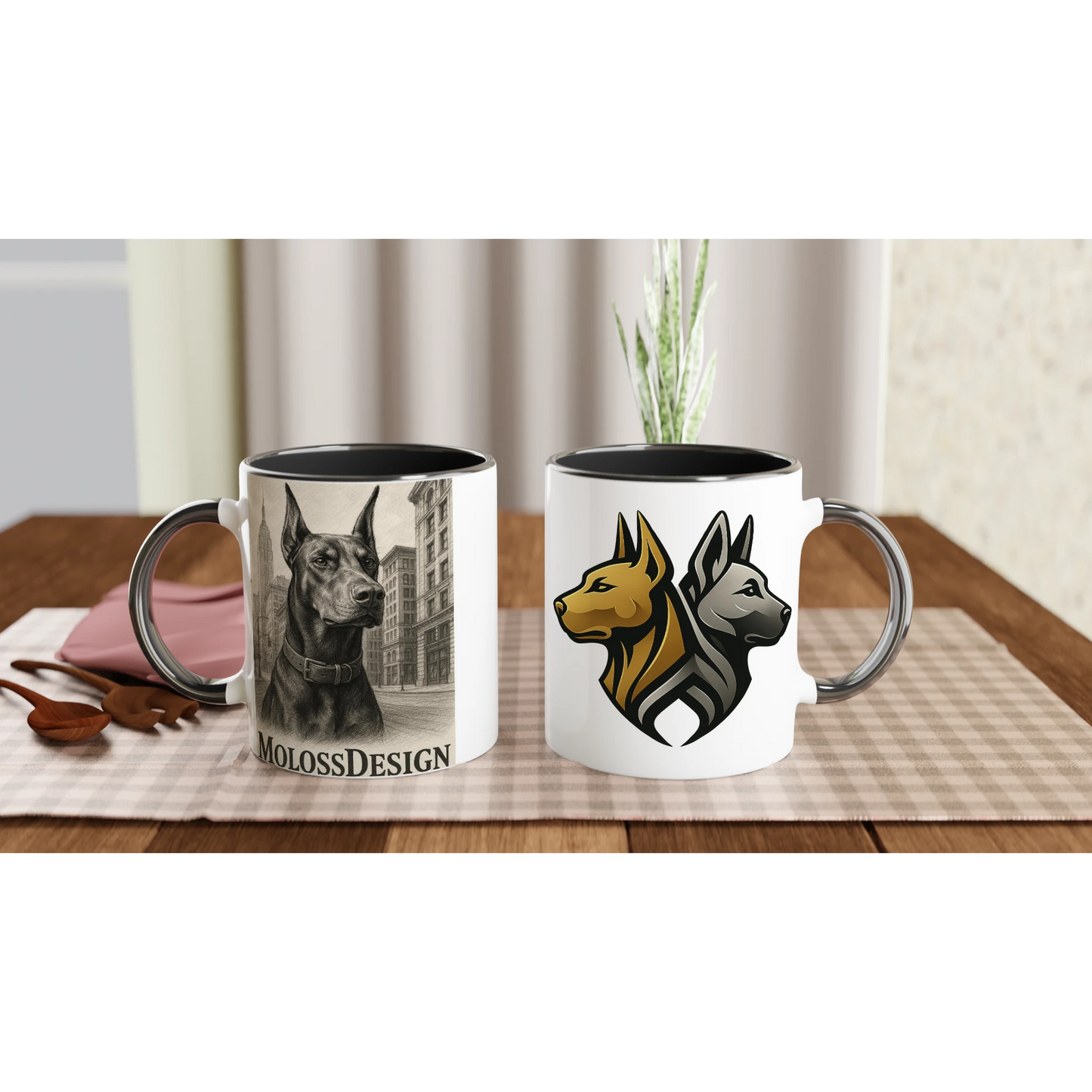 Mug en céramique blanche 325 ml (11 oz) avec intérieur coloré-Affiche Dobermann au crayon noir1 MolossDesign
