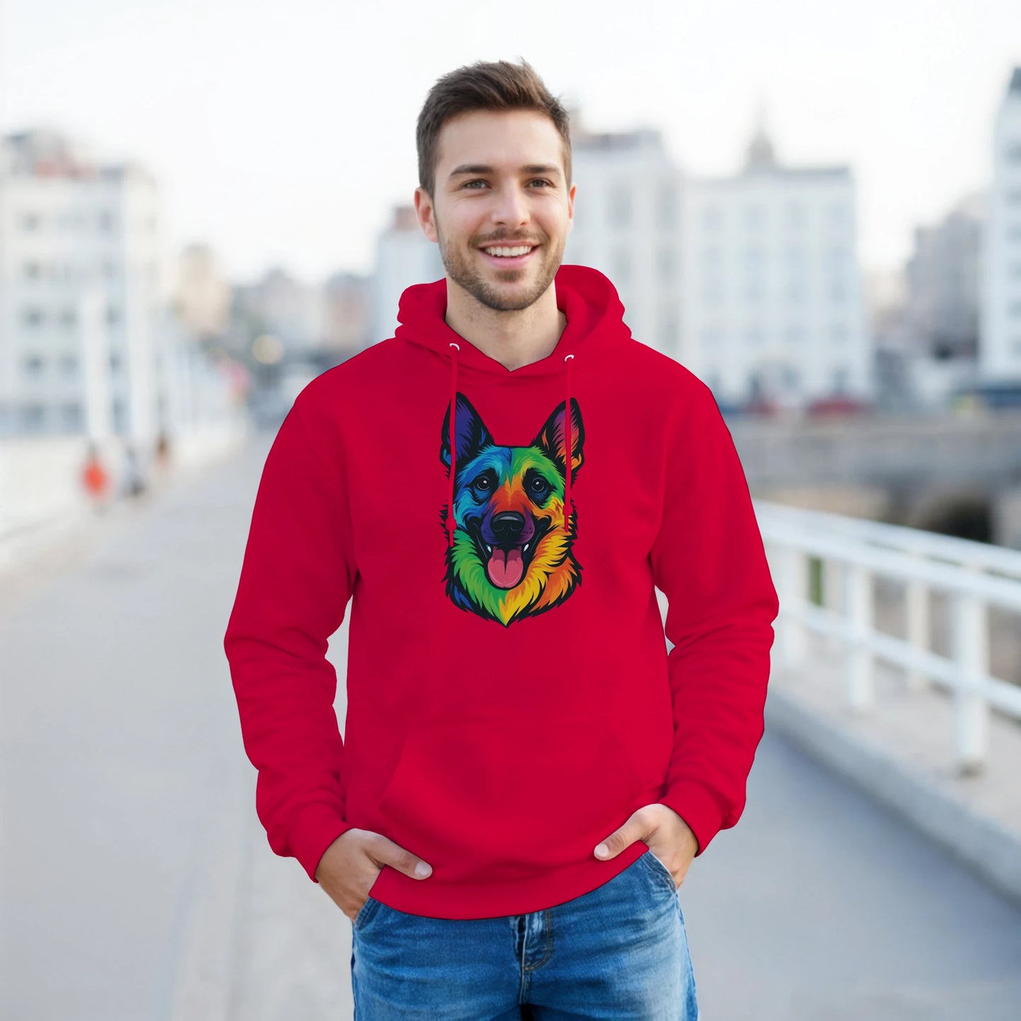 Sweat à capuche adulte unisexe classique rouge tête Malinois arc en ciel