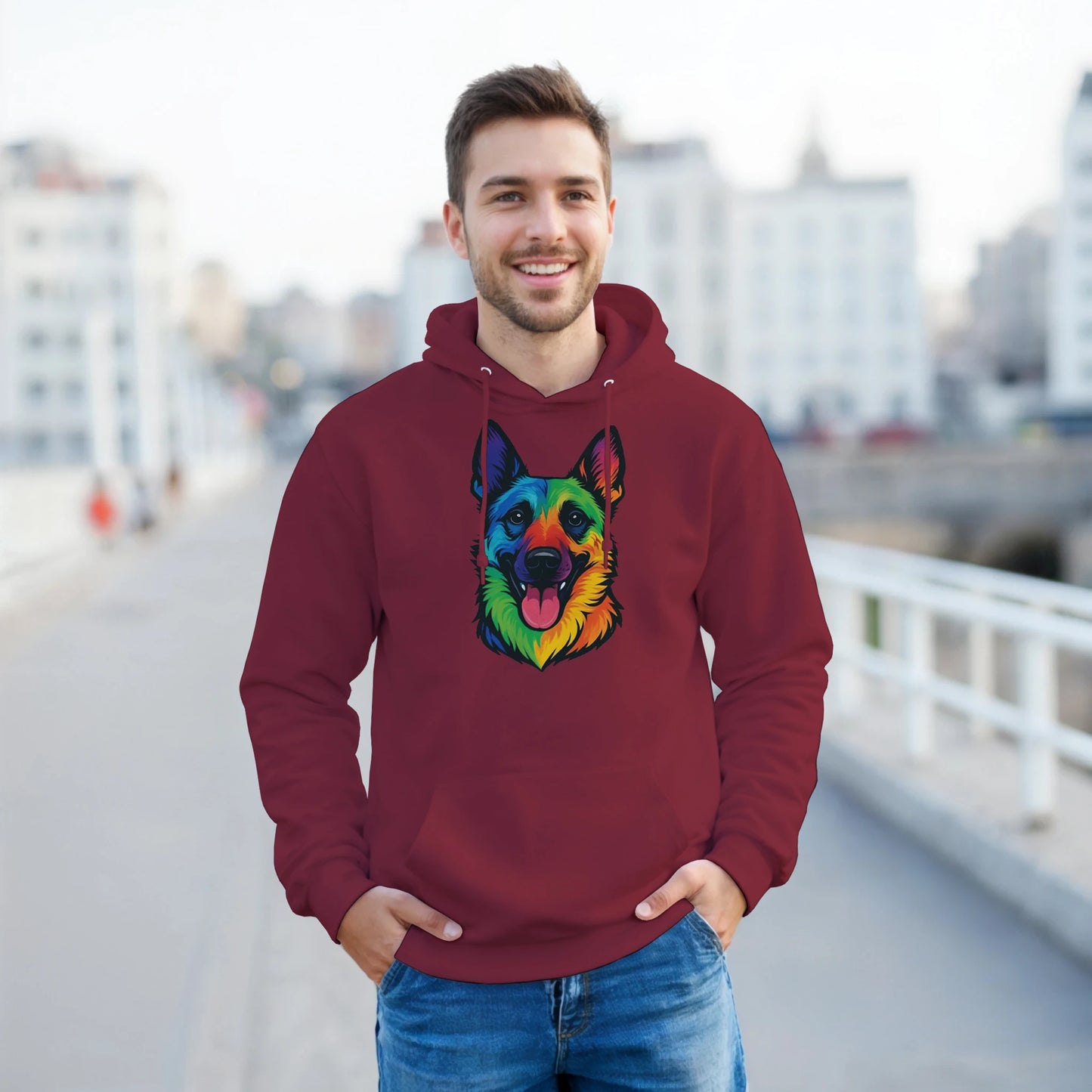 Sweat à capuche adulte unisexe classique rouge tête Malinois arc en ciel