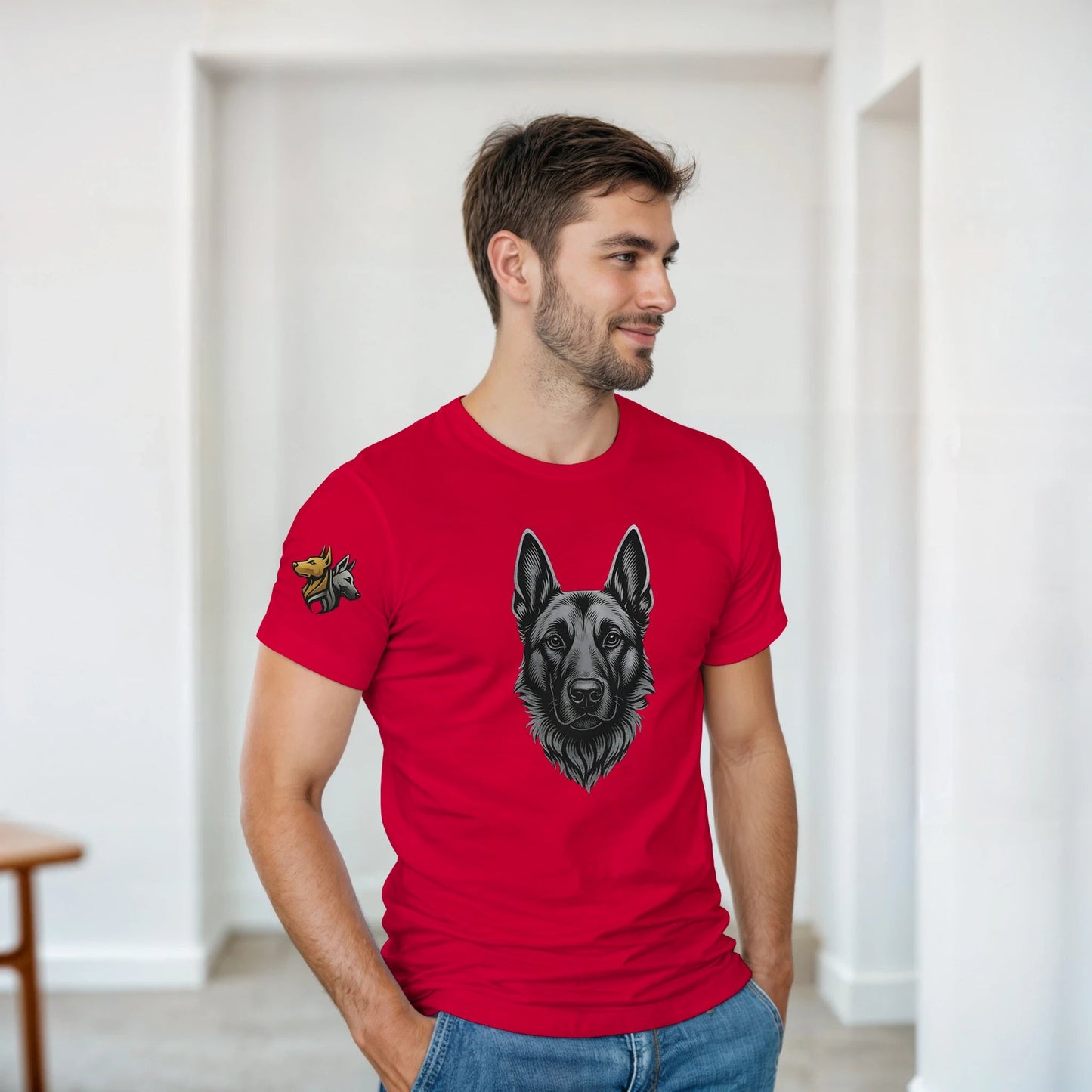 T-shirt adulte unisexe épais ras du cou rouge tête Malinois argentée