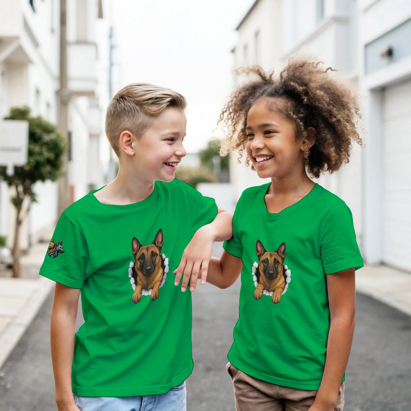 T-shirt enfant classique vert Malinois trou mur
