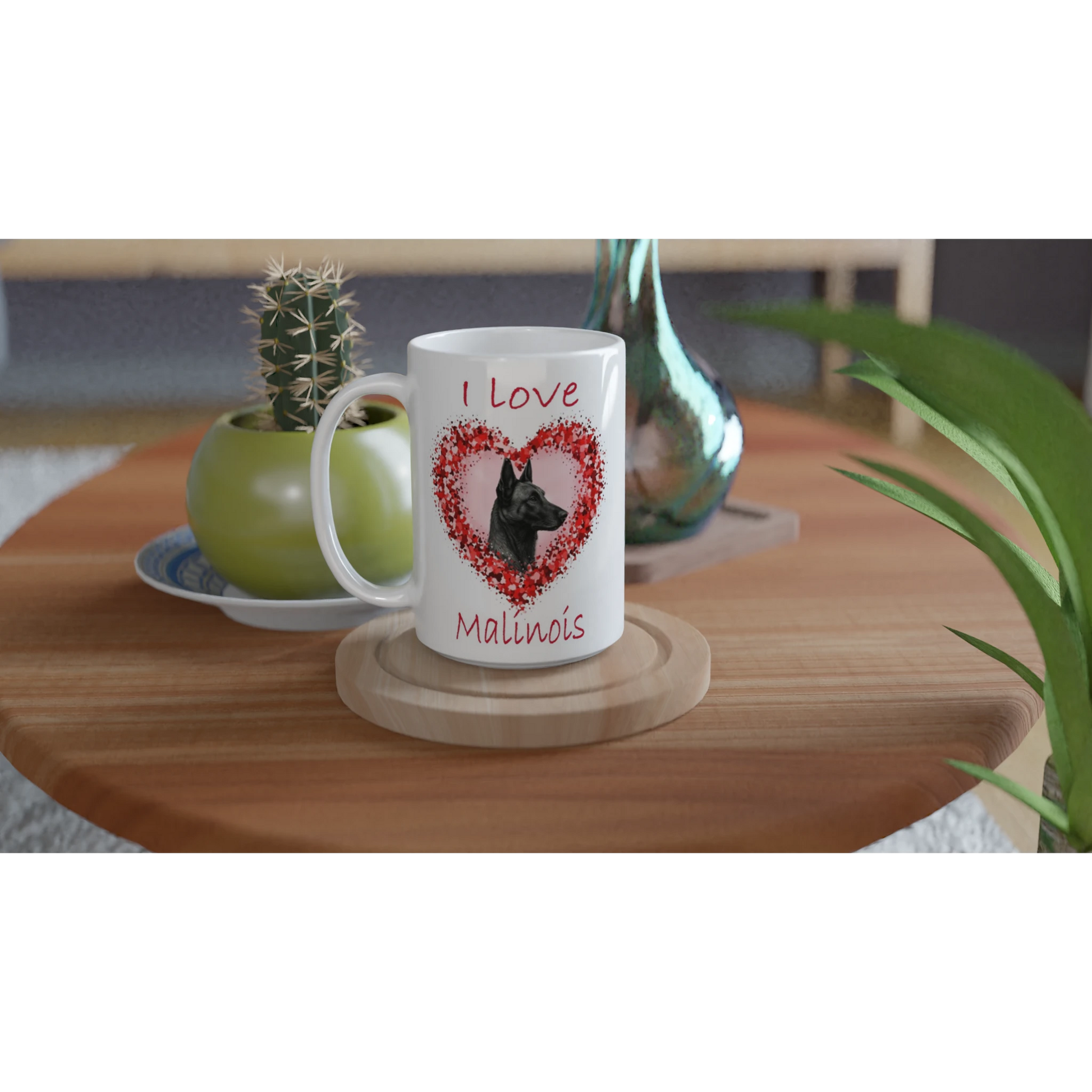 Mug en céramique blanche de 443 ml (15 oz) I love Malinois