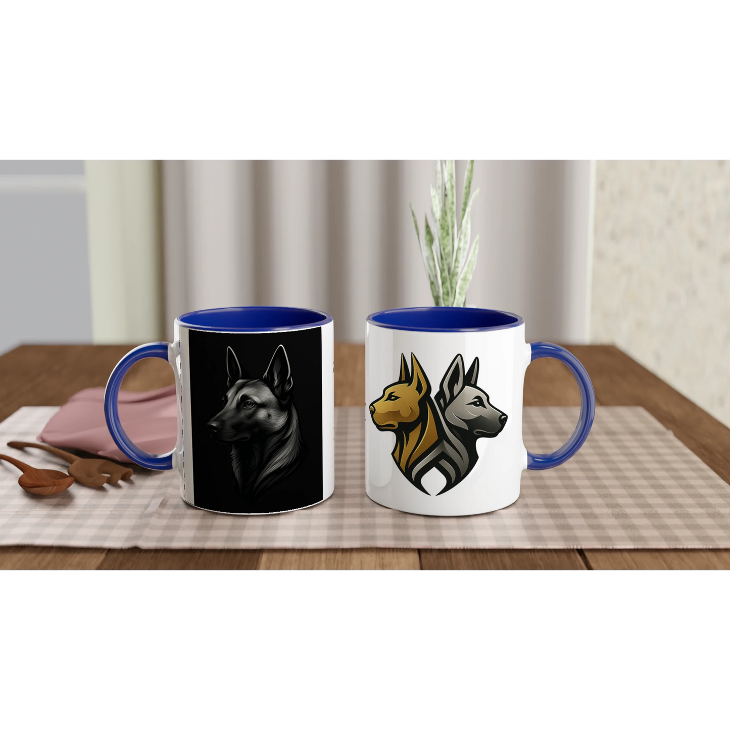 Mug céramique blanche 325 ml (11 oz) intérieur coloré bleu-tête Malinois argentée/noire