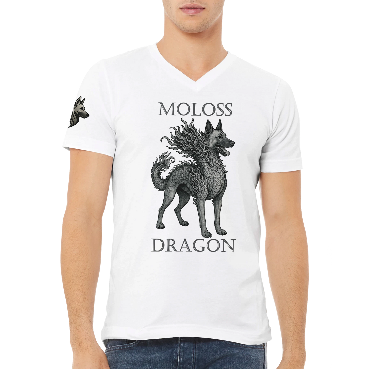 T-shirt adulte unisexe premium col en V blanc Moloss Dragon Malinois