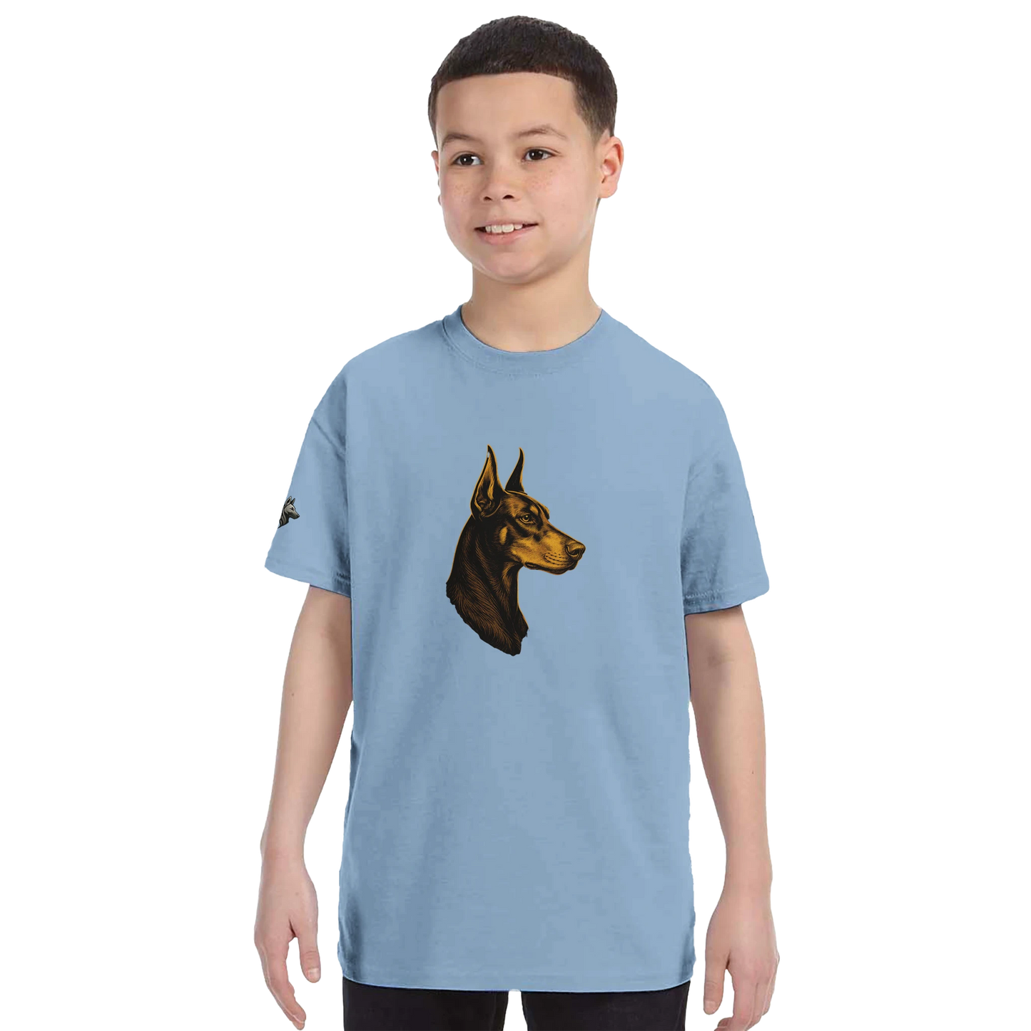 T-shirt enfant classique ras du cou tête profil Dobermann dorée avec logo sur la manche MolossDesign