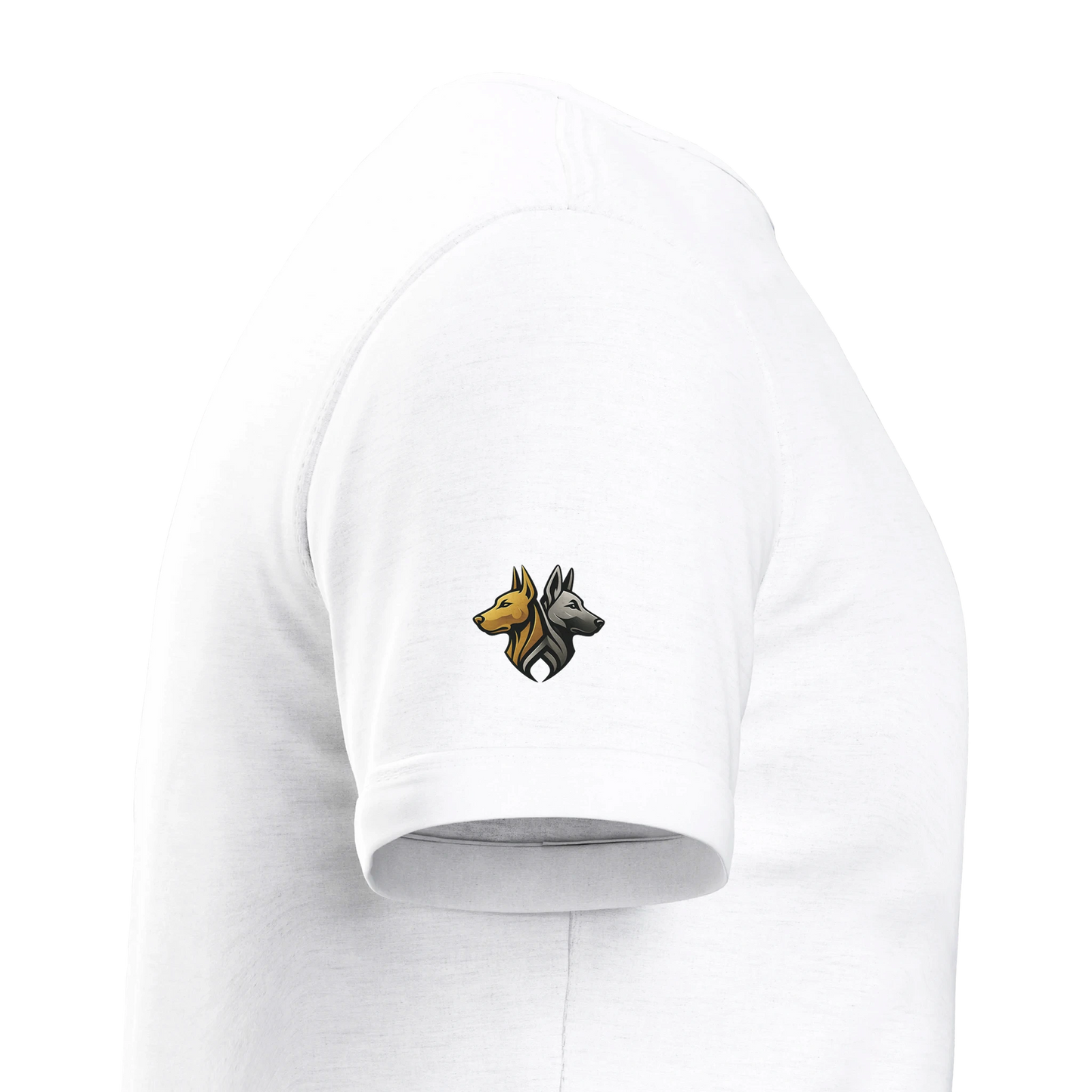 T-shirt enfant classique ras du cou tête Dobermann dorée et noire1 avec logo sur manche droite MolossDesign