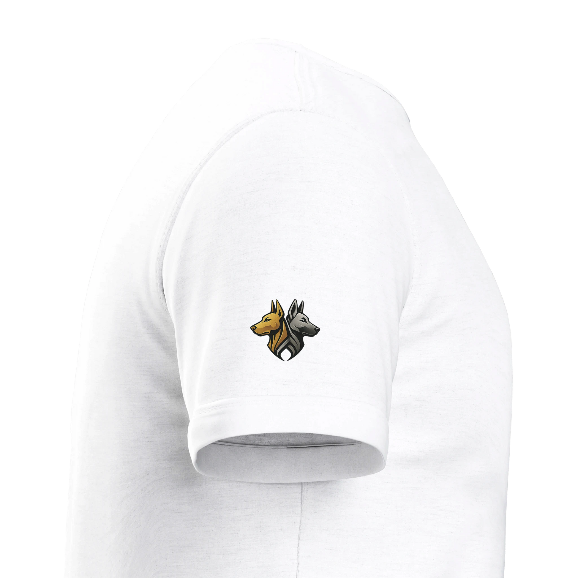 T-shirt enfant classique ras du cou tête Dobermann dorée et noire1 avec logo sur manche droite MolossDesign