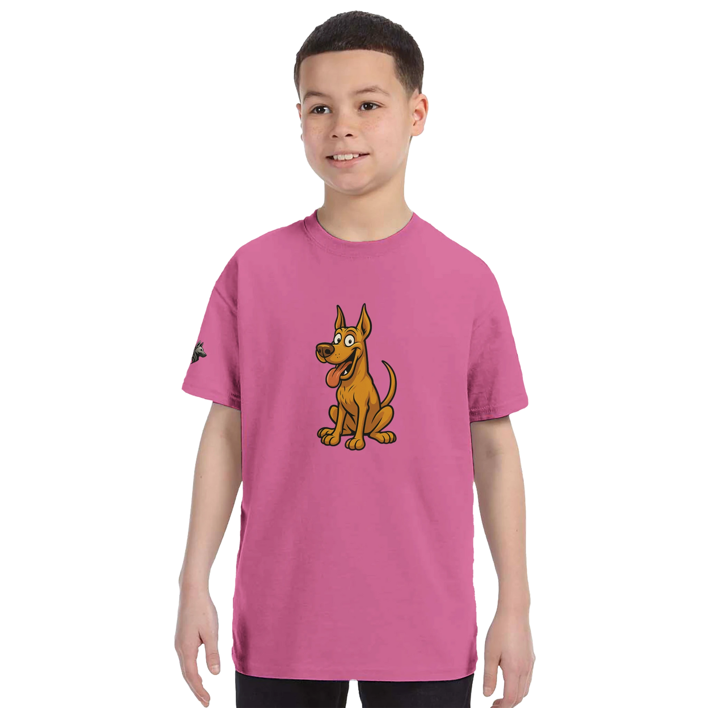 T-shirt enfant classique ras du cou Dobermann humour2 avec logo sur manche droite MolossDesign