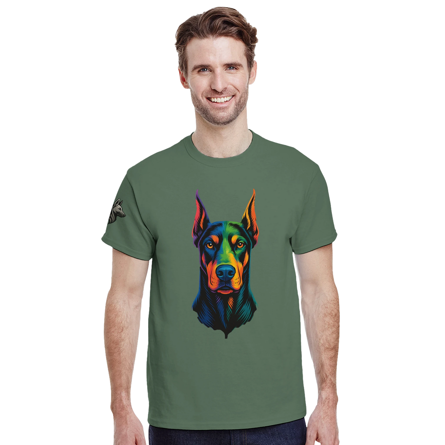 T-shirt adulte unisexe épais ras du cou vert tête Dobermann arc en ciel