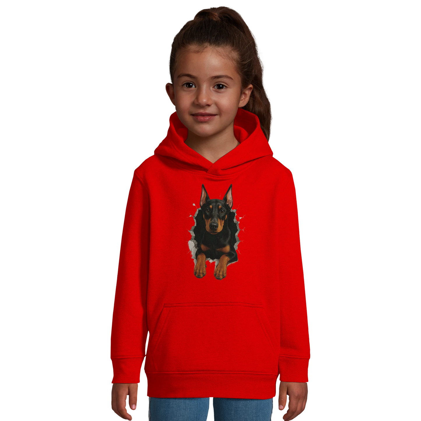 Sweat-shirt à capuche enfant rouge-Dobermann trou mur