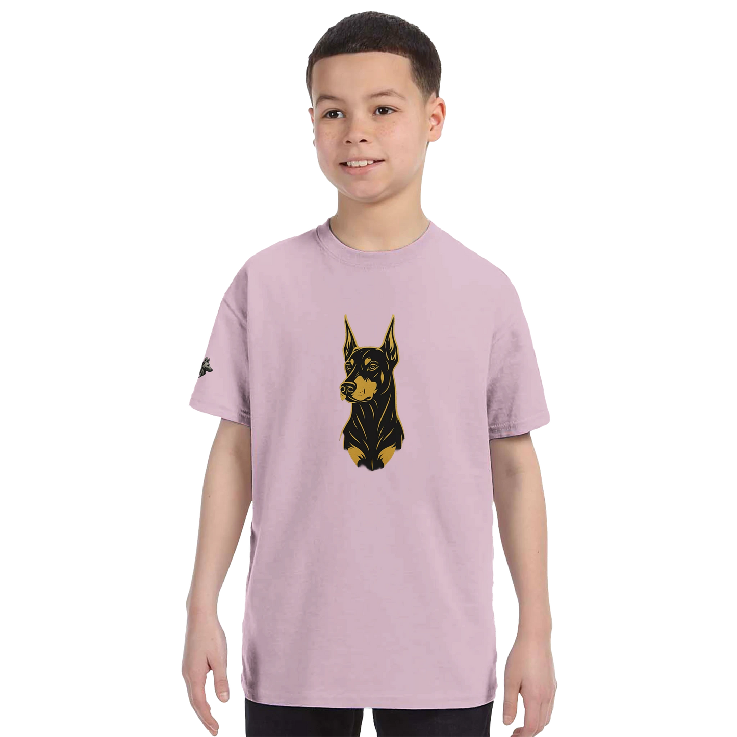 T-shirt enfant classique ras du cou tête Dobermann dorée et noire1 avec logo sur manche droite MolossDesign
