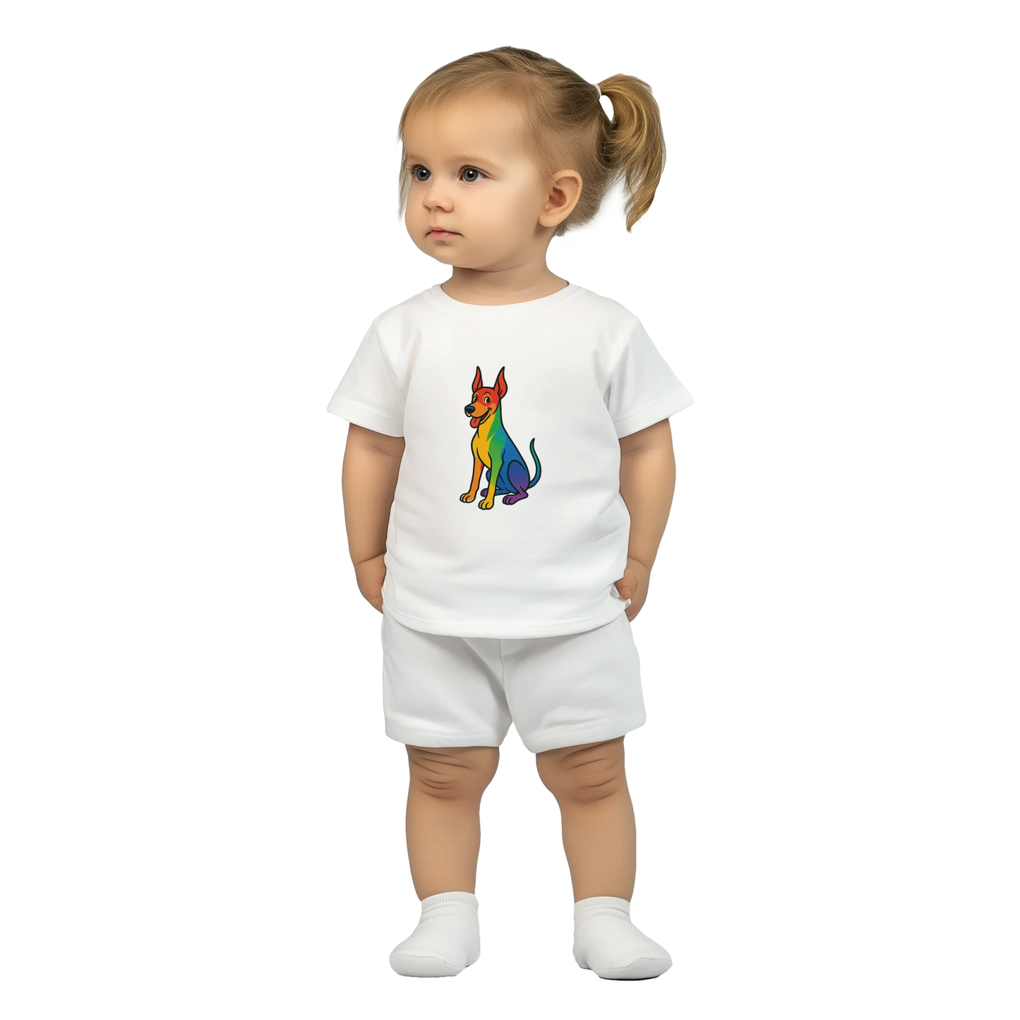 T-shirt bébé blanc coton manches courtes Dobermann arc en ciel