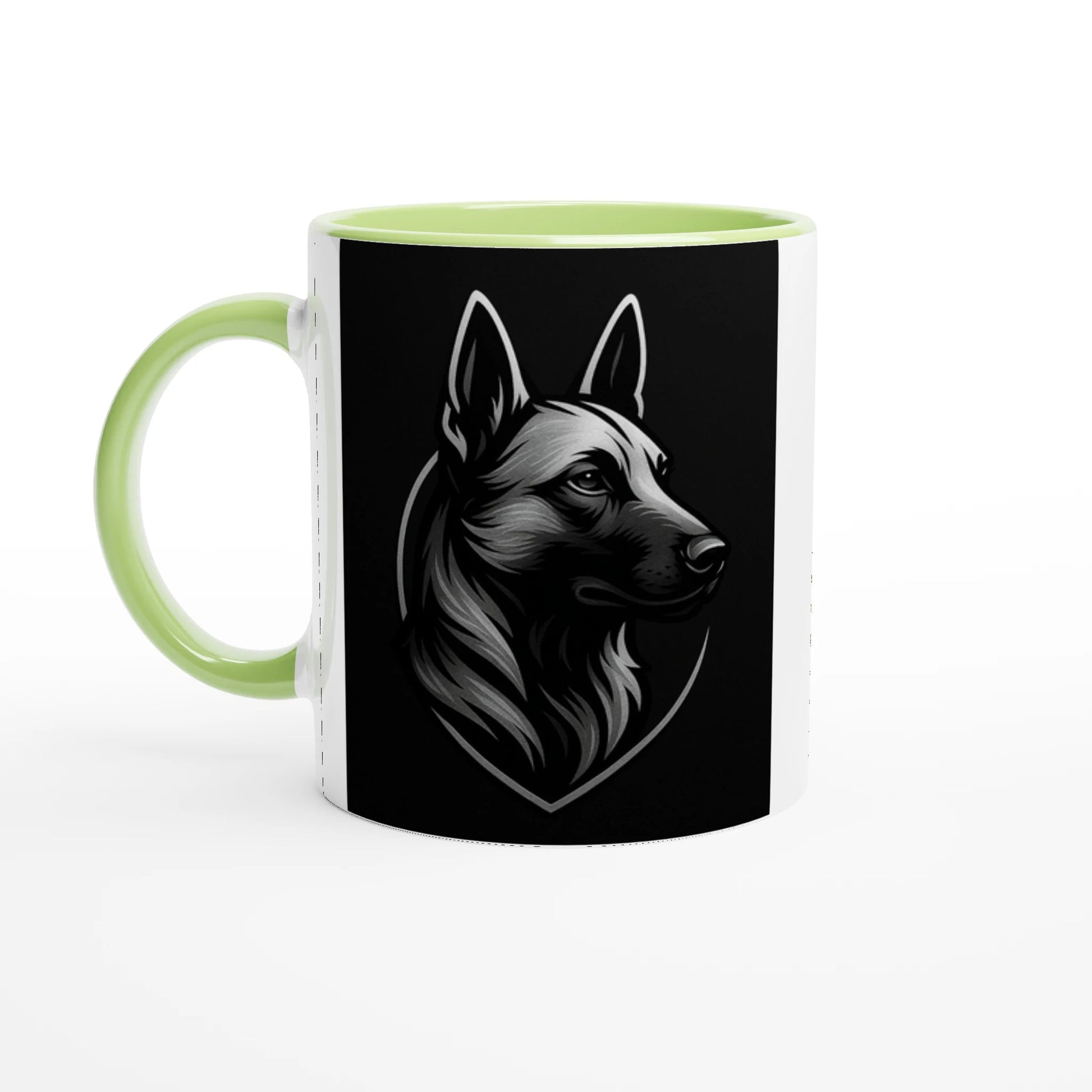 Mug céramique blanche 325 ml (11 oz) intérieur coloré vert-tête Malinois fond noir