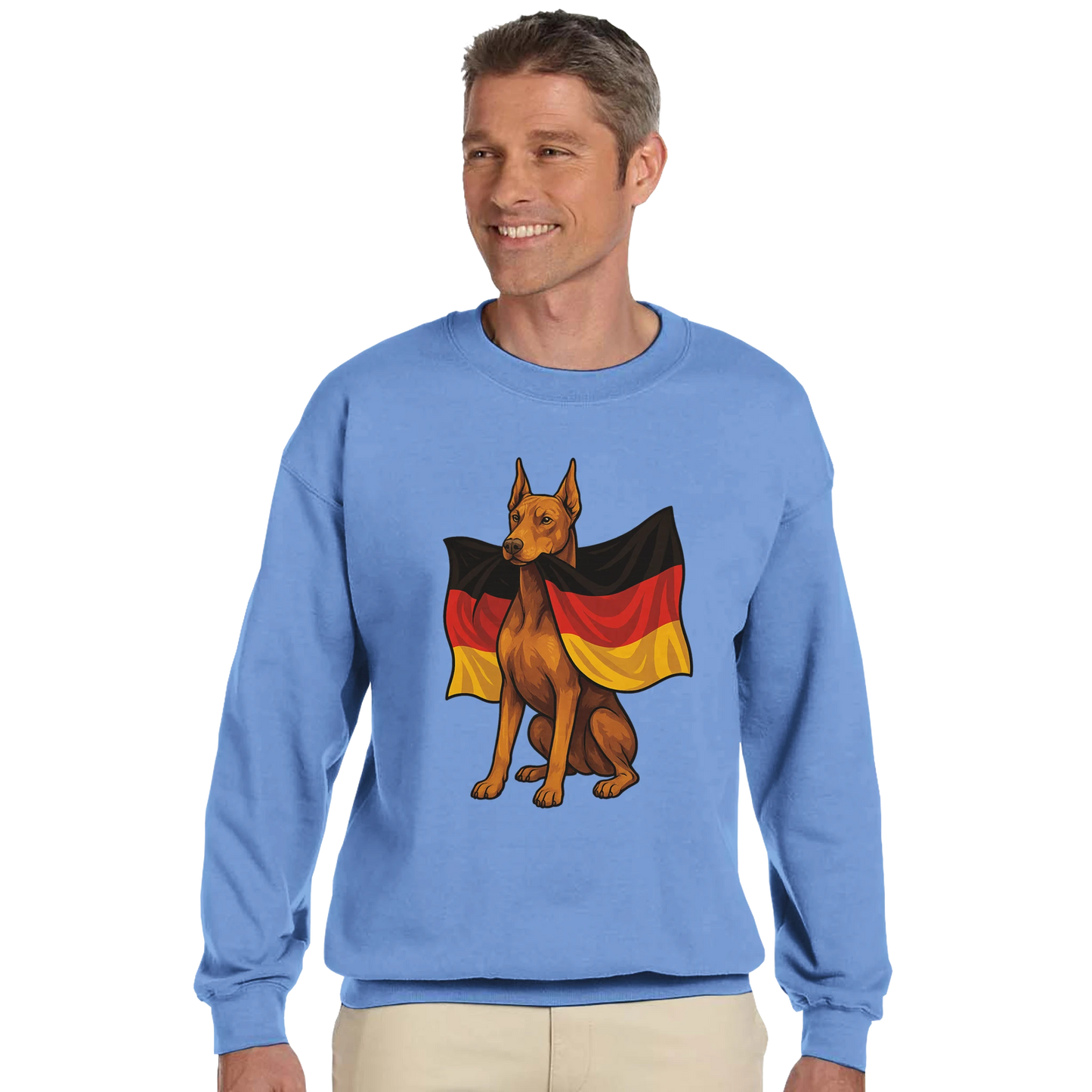 Sweat-shirt adulte unisexe classique ras du cou bleu Dobermann+drapeau