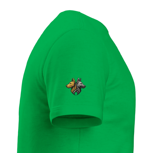 Marque MolossDesign | T-shirt enfant classique ras du cou Dobermann doré assis1 avec logo sur manche droite MolossDesign