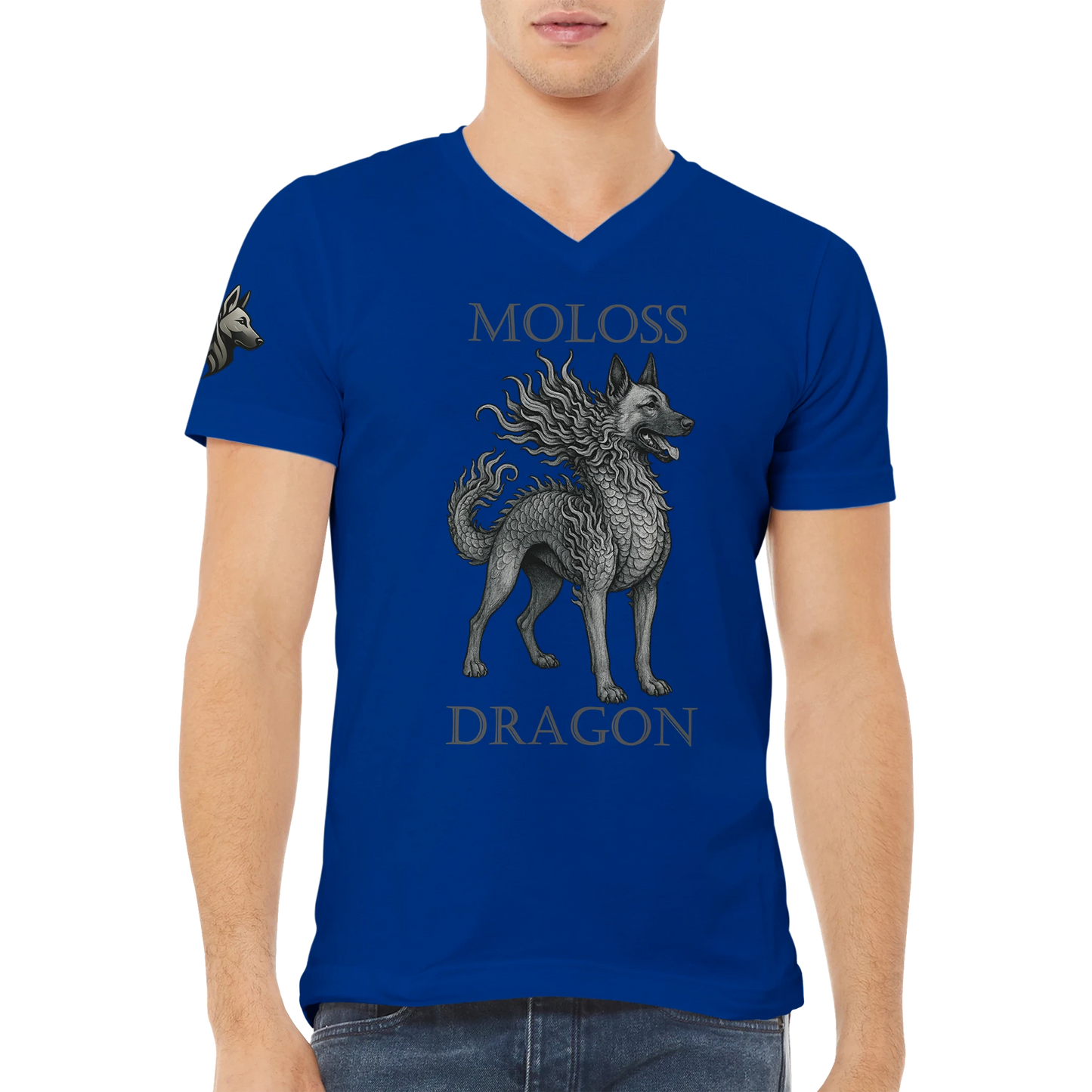 T-shirt adulte unisexe premium col en V bleu Moloss Dragon Malinois