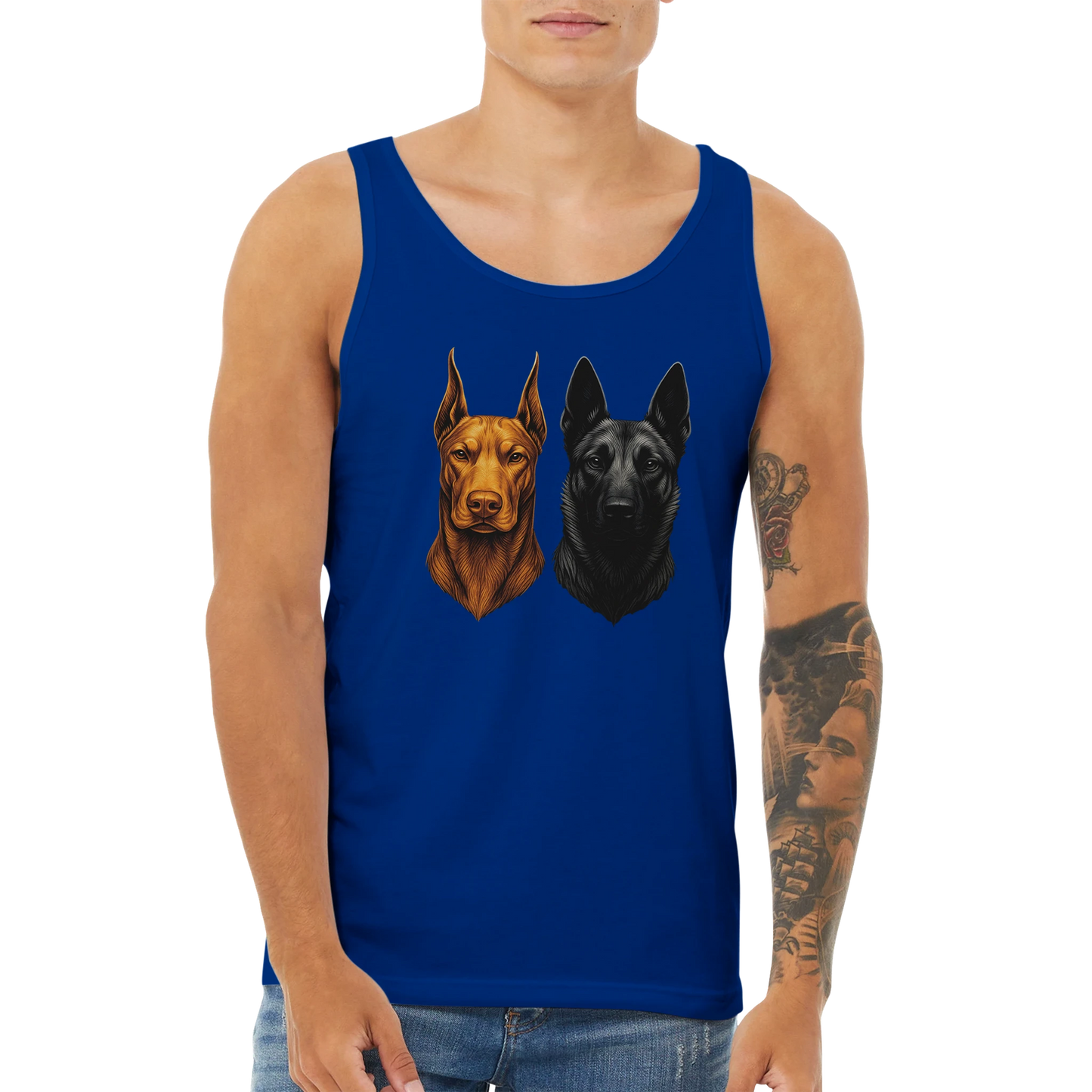 Débardeur adulte unisexe premium bleu tête Dobermann+Malinois