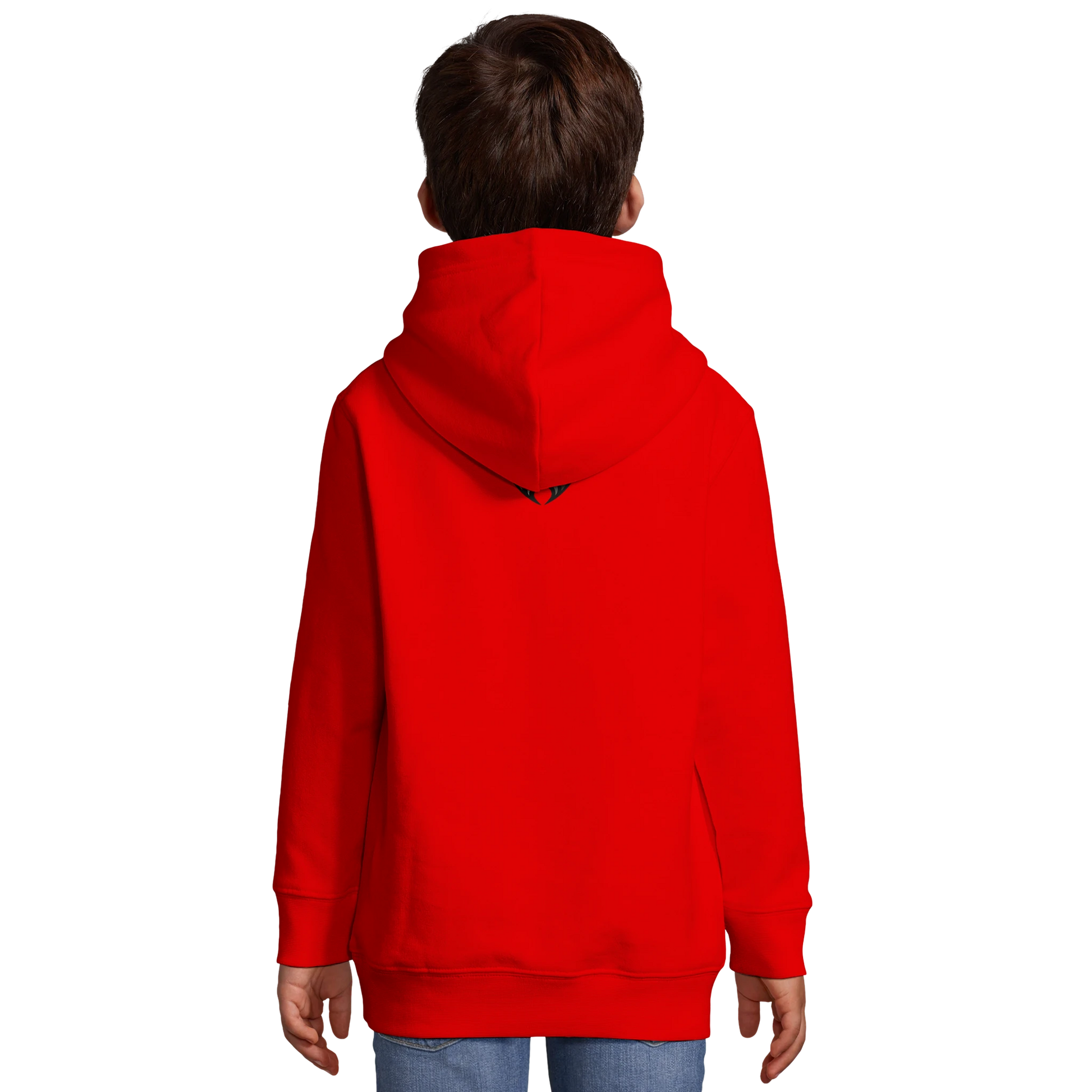 Sweat-shirt à capuche enfant mélange recyclé Tête Dobermann dorée et noire1 avec logo sur le dos MolossDesign