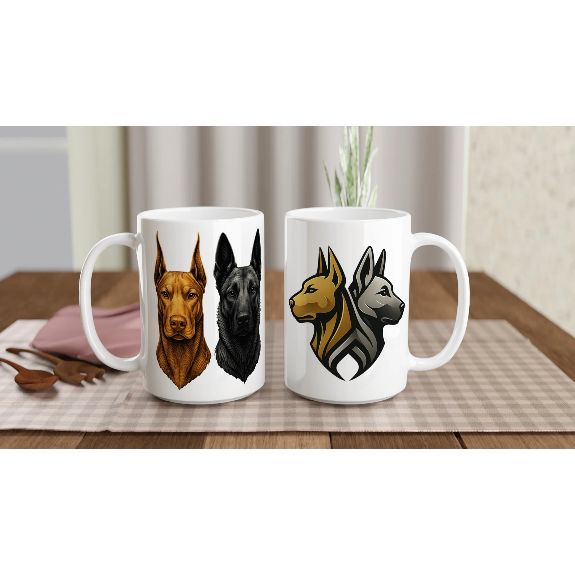 Mug céramique blanche 443 ml (15 oz) têtes Malinois argentée/Dobermann dorée