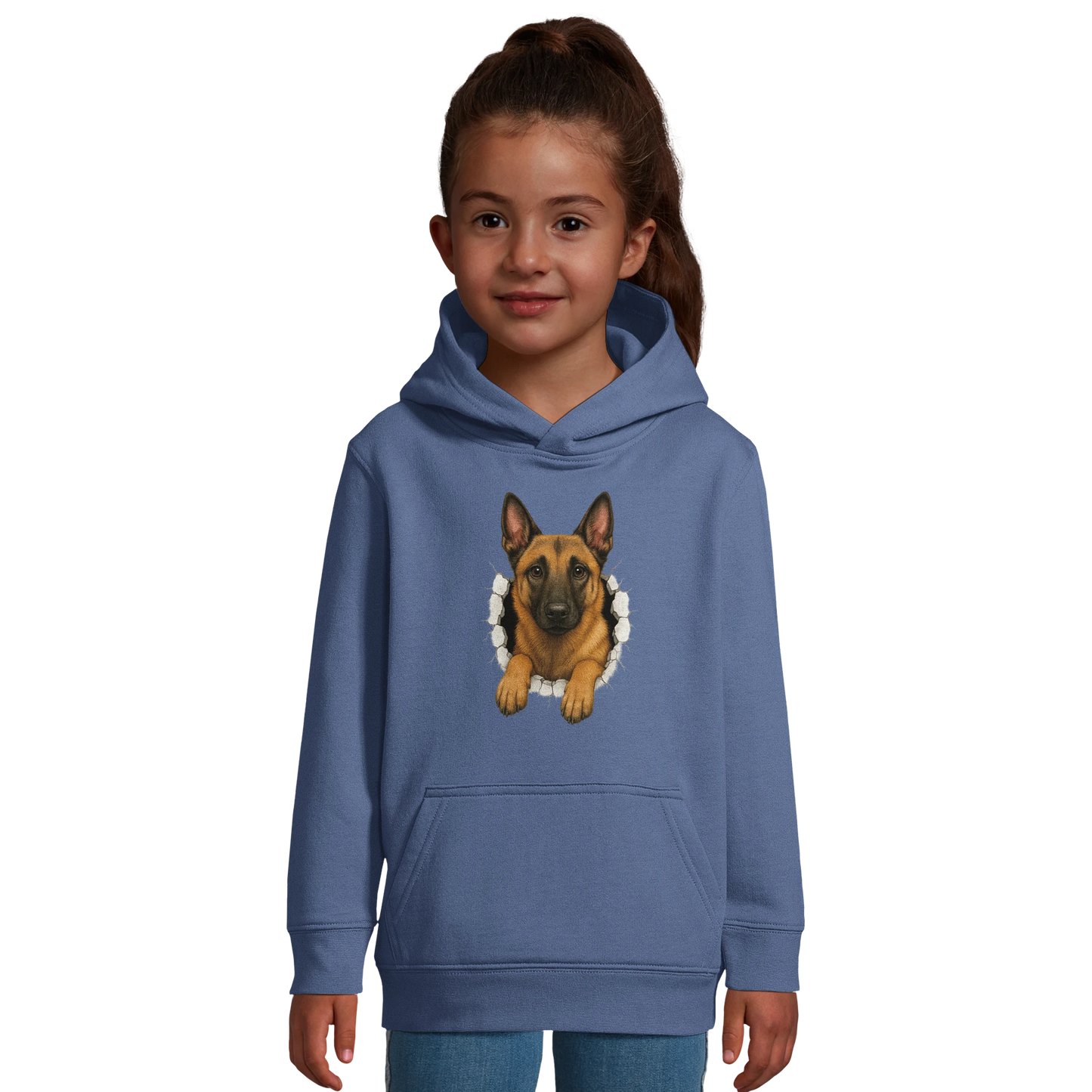 Sweat-shirt enfant à capuche bleu Malinois trou mur