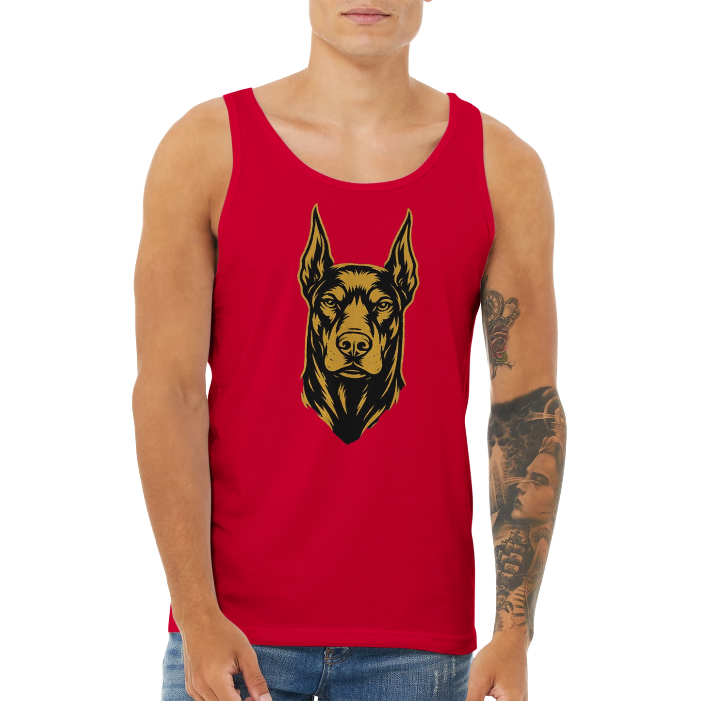 Débardeur adulte unisexe premium rouge tête Dobermann noir doré