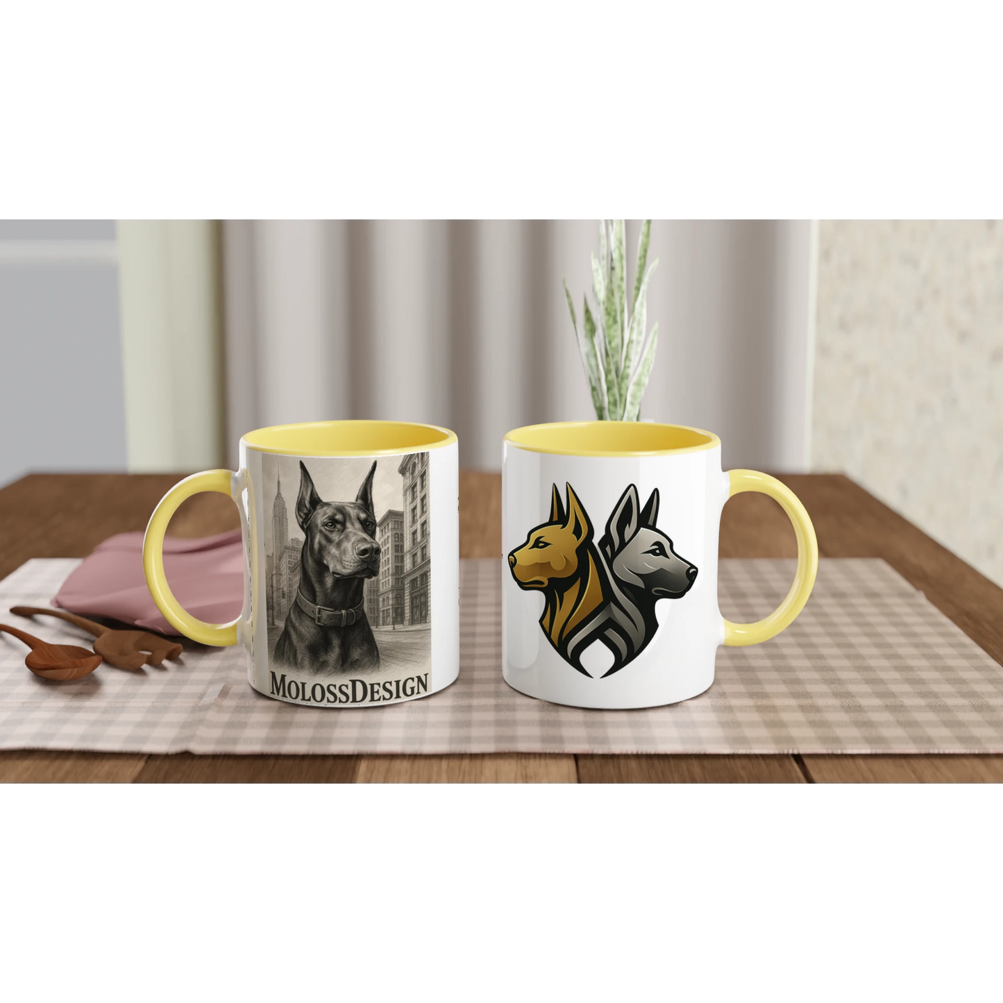 Mug en céramique blanche 325 ml (11 oz) avec intérieur coloré-Affiche Dobermann au crayon noir1 MolossDesign