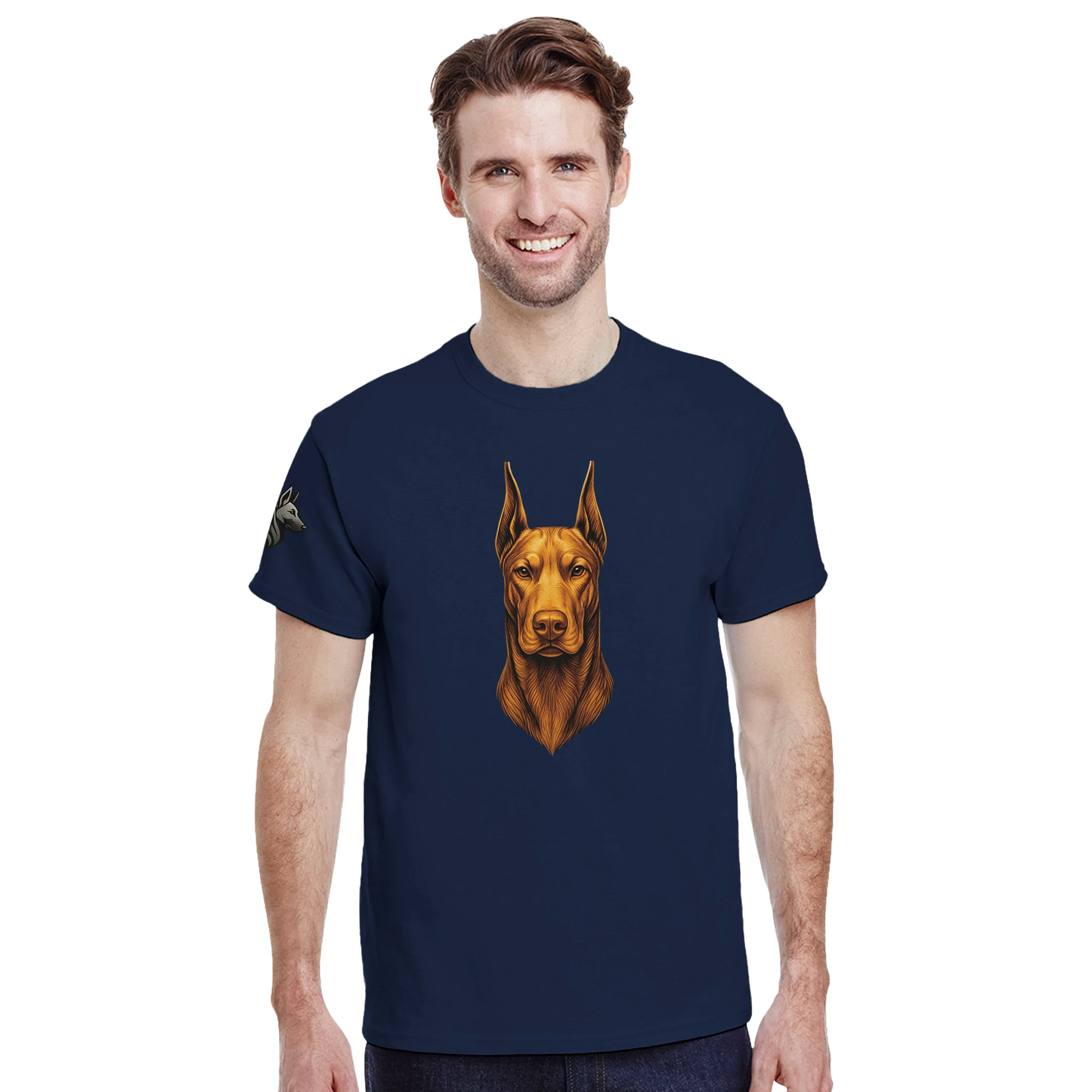 T-shirt adulte unisexe épais ras du cou bleu tête face Dobermann dorée