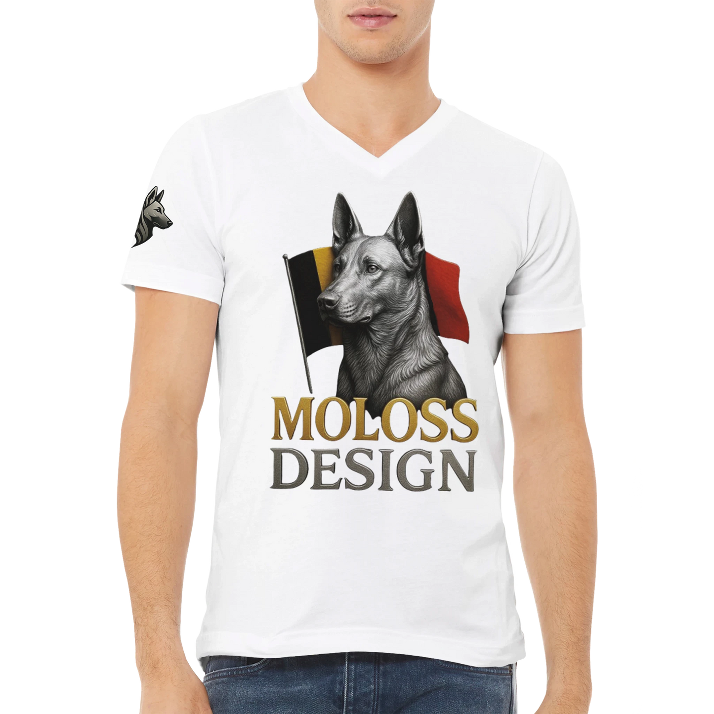 T-shirt adulte unisexe premium col en V blanc Malinois+drapeau