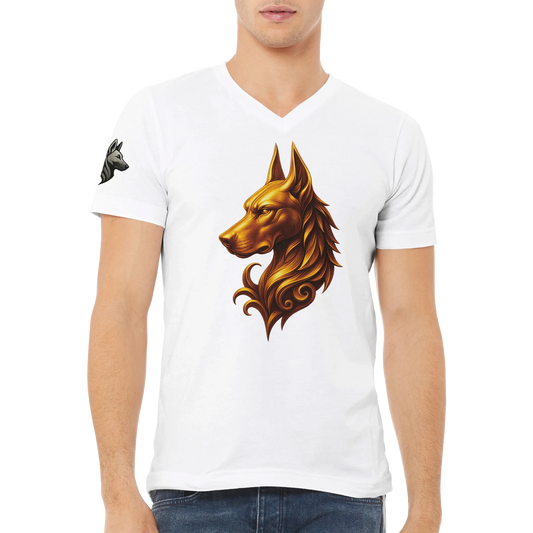 T-shirt adulte unisexe premium col en V blanc tête majestueuse Dobermann