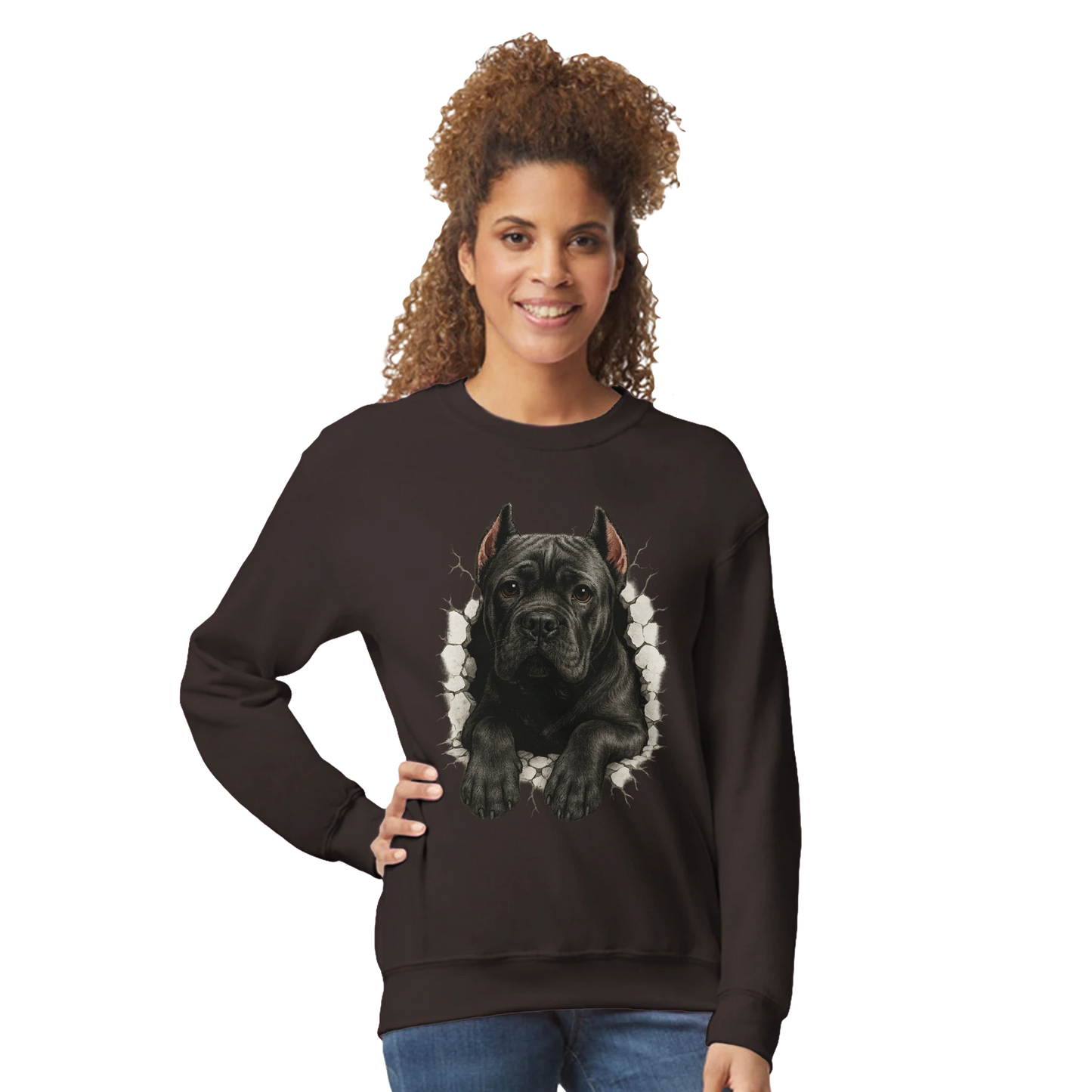 Sweat-shirt adulte unisexe classique ras du cou marron Cane Corso trou mur