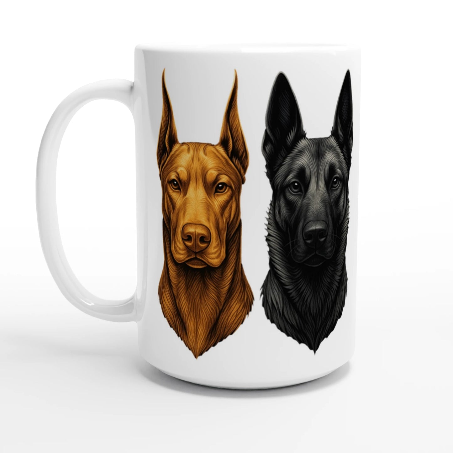 Mug céramique blanche 443 ml (15 oz) têtes Malinois argentée/Dobermann dorée