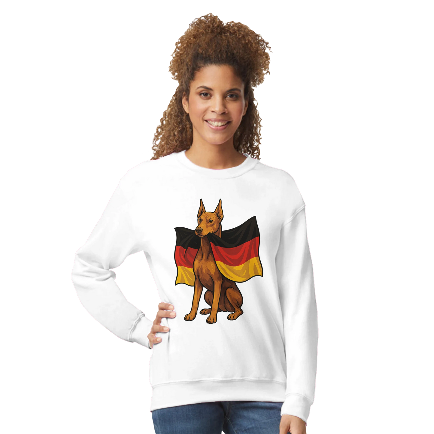 Sweat-shirt adulte unisexe classique ras du cou blanc Dobermann+drapeau