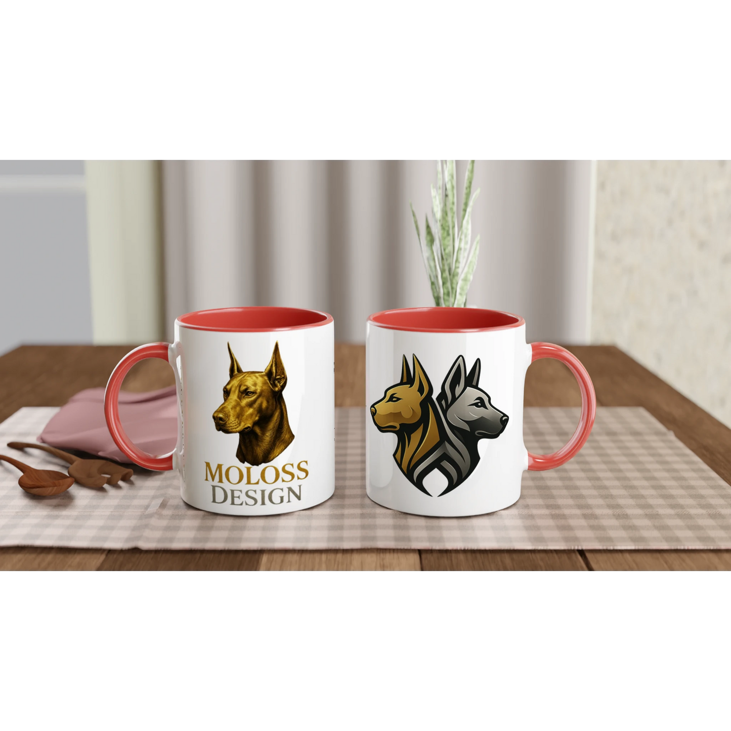 Marque MolossDesign | Mug en céramique blanche 325 ml (11 oz) avec intérieur coloré tête Dobermann doré MolossDesign et logo MolossDesign