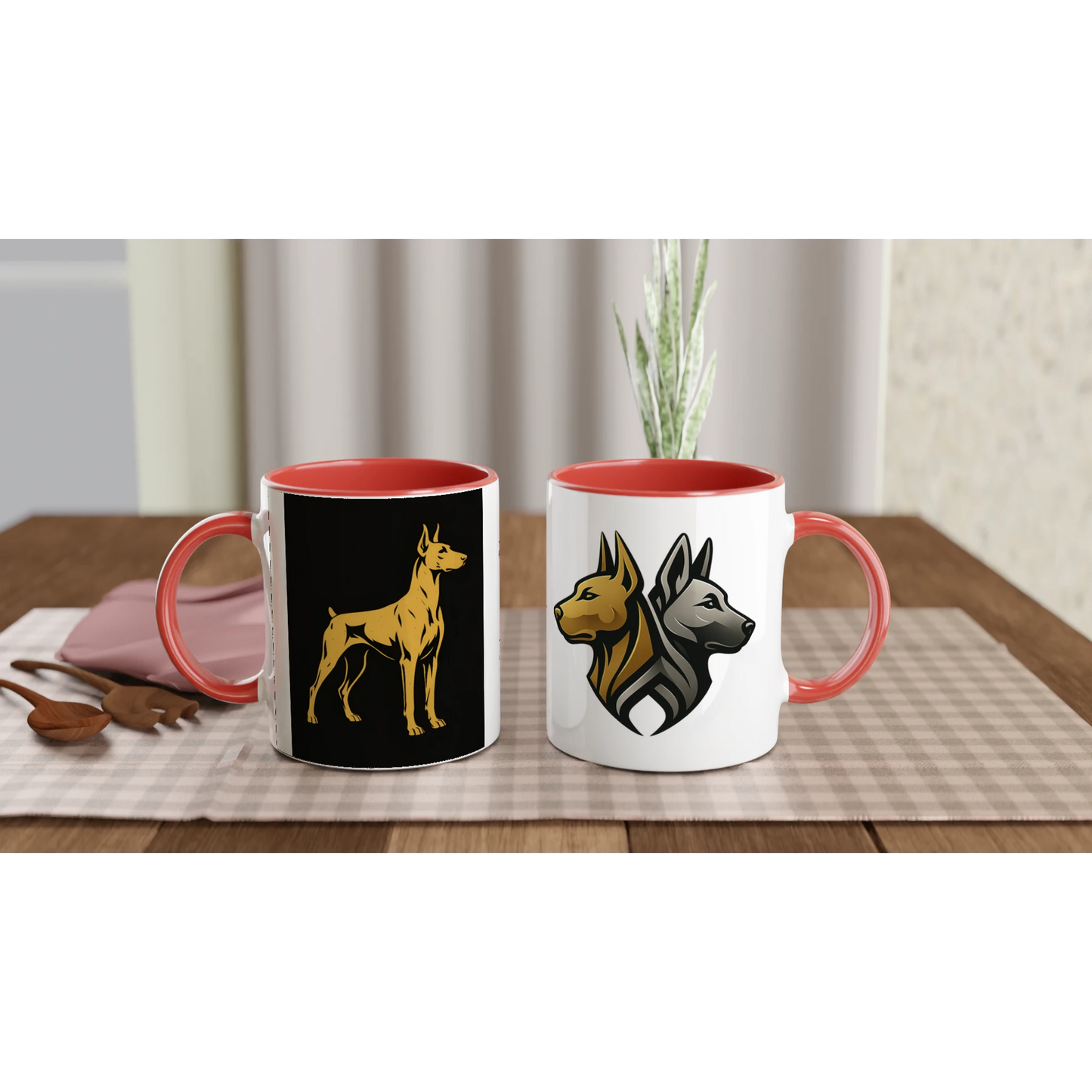 Mug céramique blanche 325 ml (11 oz) intérieur coloré rouge-Dobermann doré fond noir