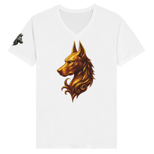 T-shirt adulte unisexe premium col en V blanc tête majestueuse Dobermann