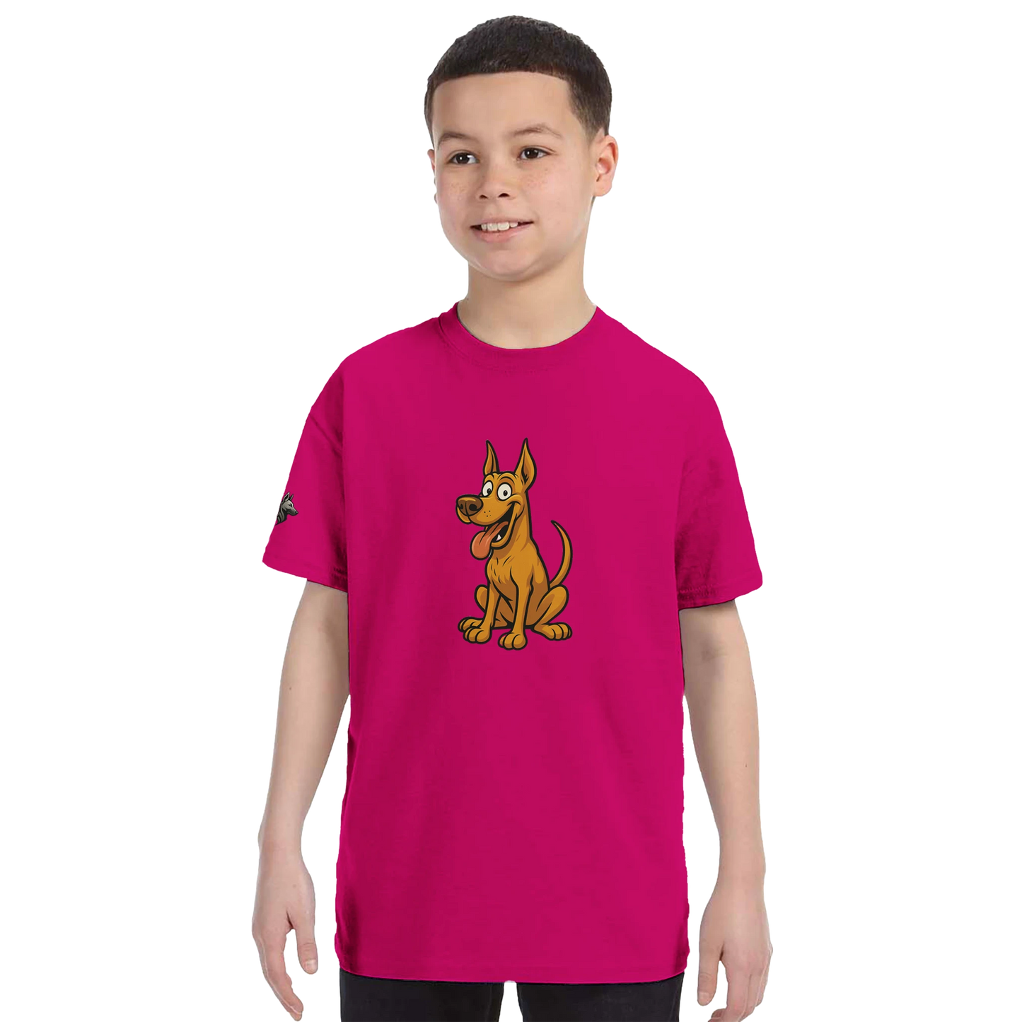 T-shirt enfant classique ras du cou Dobermann humour2 avec logo sur manche droite MolossDesign