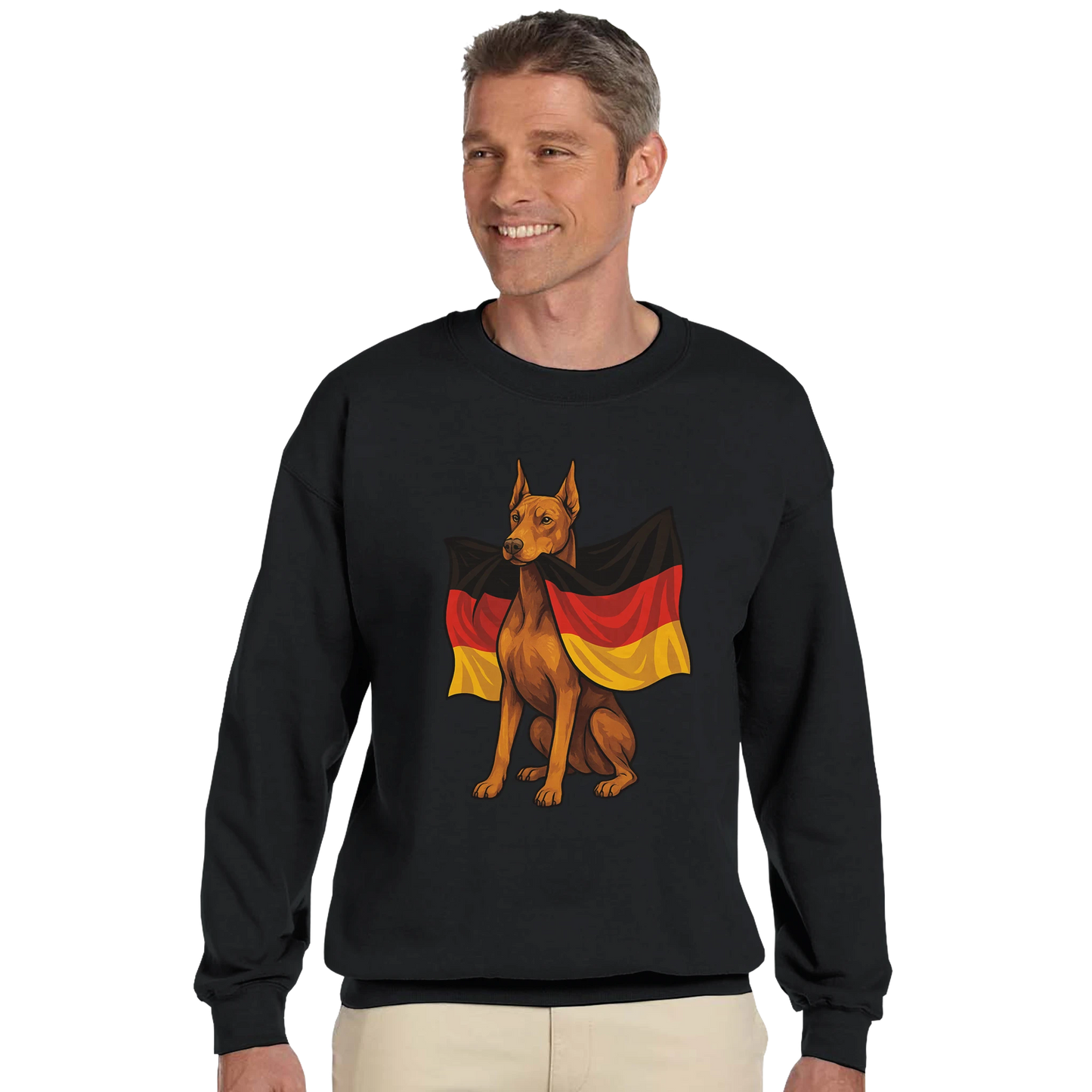 Sweat-shirt adulte unisexe classique ras du cou noir Dobermann+drapeau