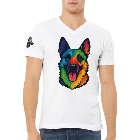 T-shirt adulte unisexe premium col en V blanc tête Malinois arc en ciel