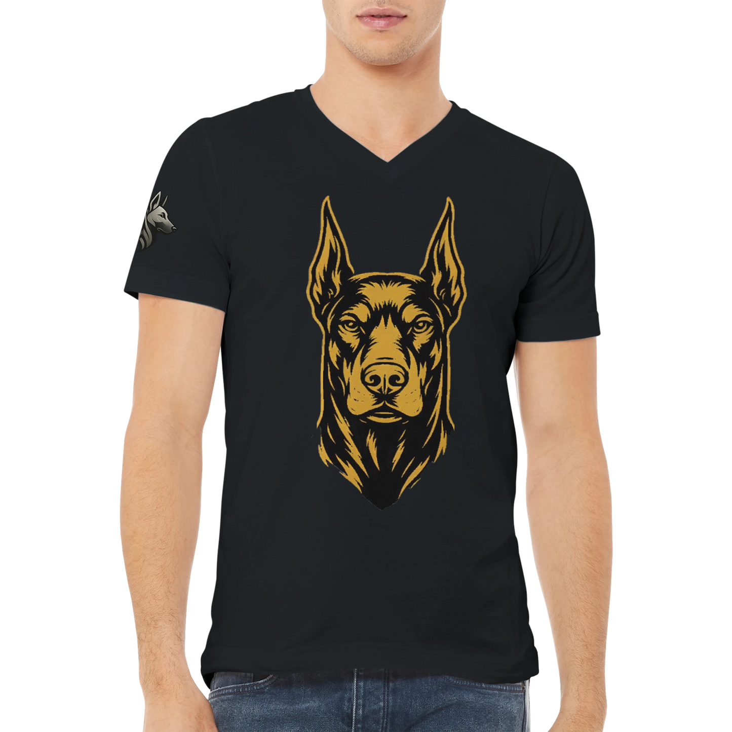 T-shirt adulte unisexe premium col en V gris foncé tête Dobermann noire/dorée