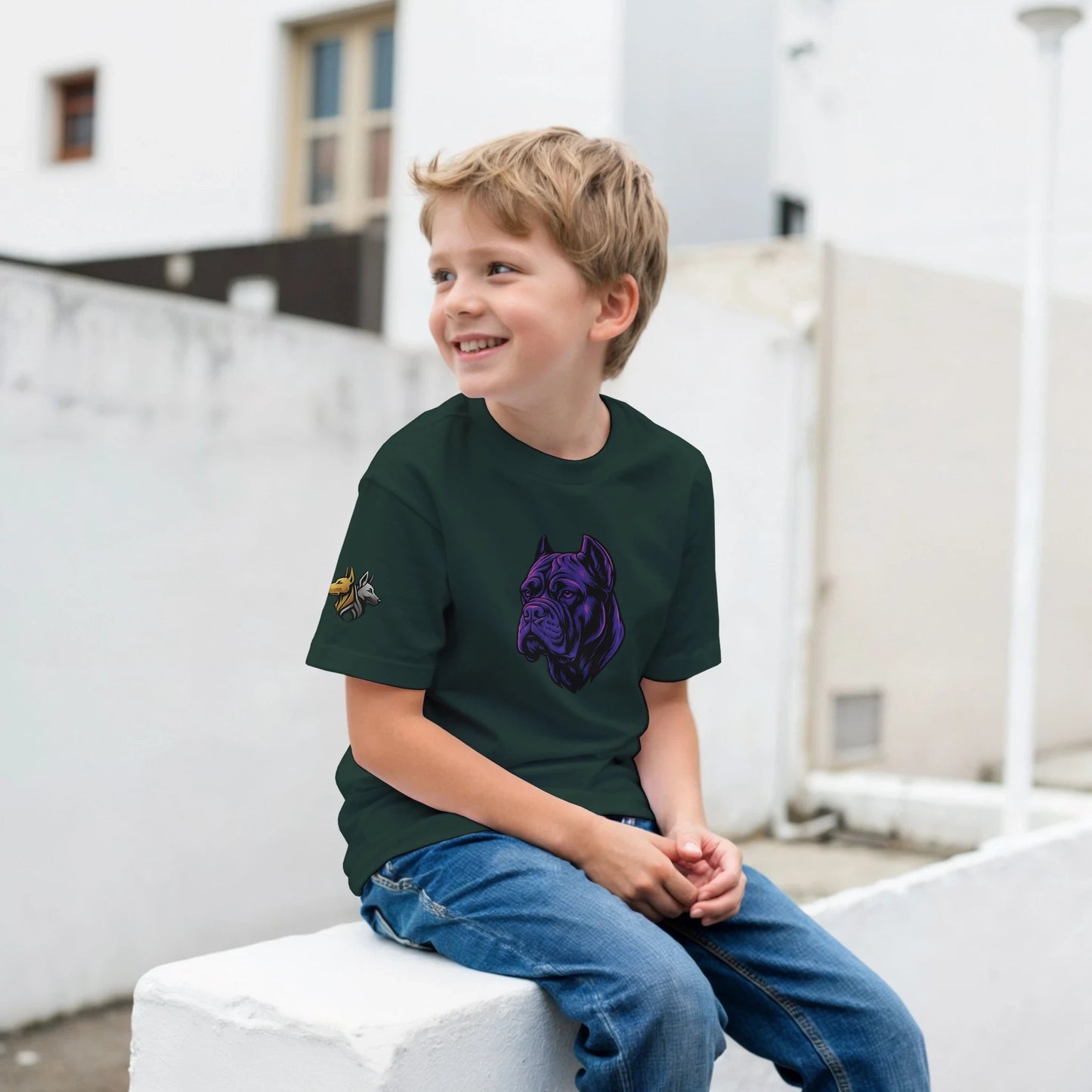 T-shirt enfant classique ras du cou tête Cane Corso 1 avec logo sur manche droite MolossDesign