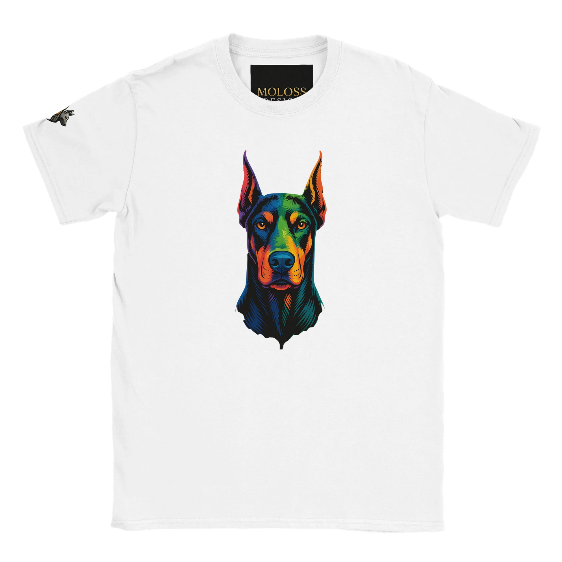 T-shirt enfant classique ras du cou tête Dobermann arc en ciel1 avec logo sur manche droite MolossDesign
