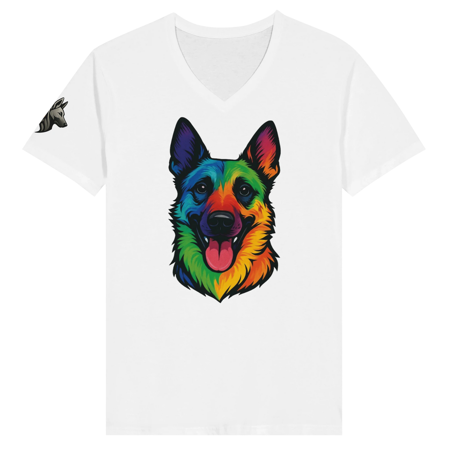 T-shirt adulte unisexe premium col en V blanc tête Malinois arc en ciel