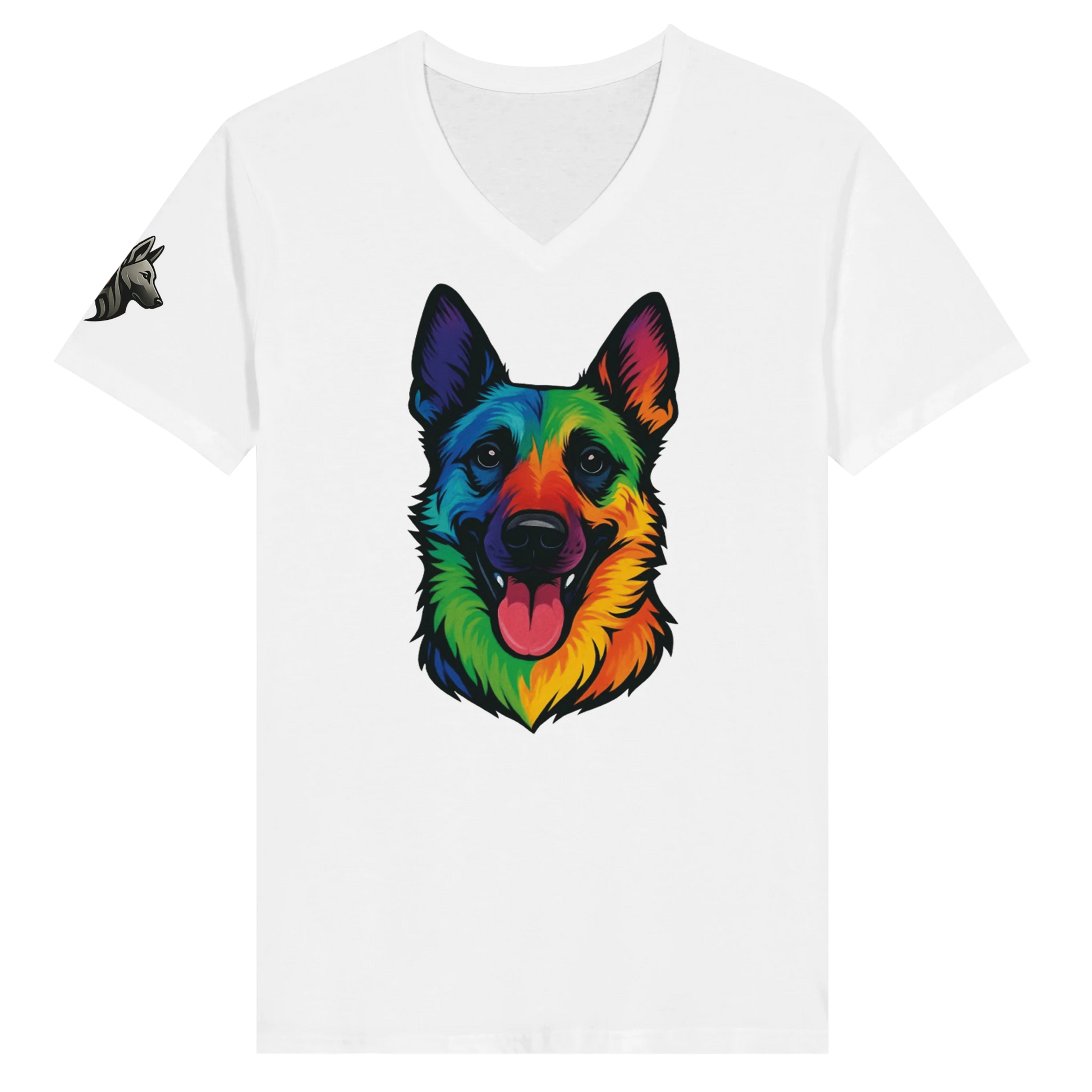 T-shirt adulte unisexe premium col en V blanc tête Malinois arc en ciel