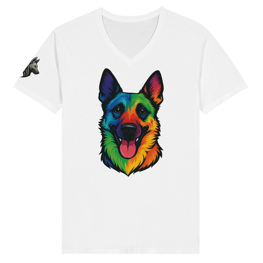 T-shirt adulte unisexe premium col en V blanc tête Malinois arc en ciel