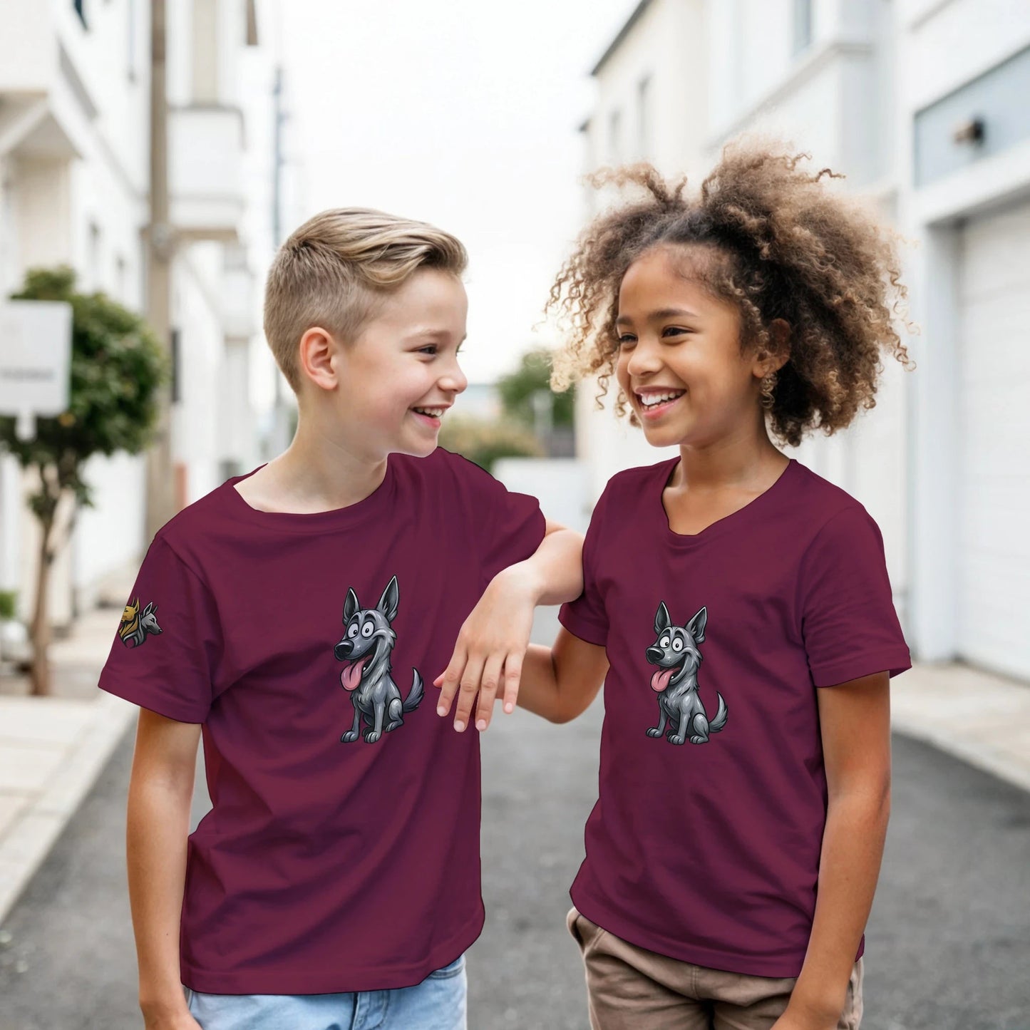 Marque MolossDesign | T-shirt enfant classique ras du cou Malinois humour1 avec logo sur manche droite MolossDesign