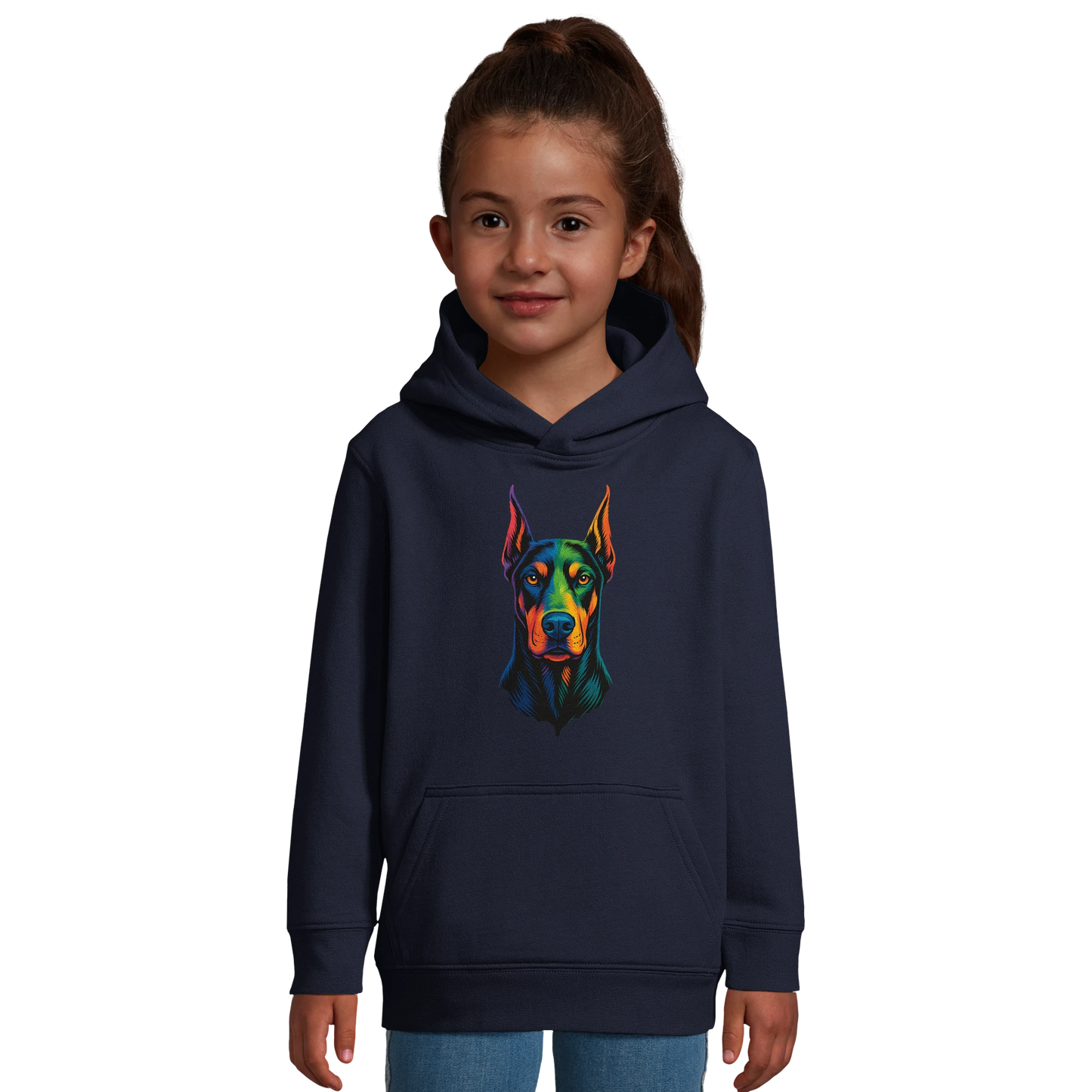 Sweat-shirt à capuche enfant bleu tête Dobermann arc en ciel