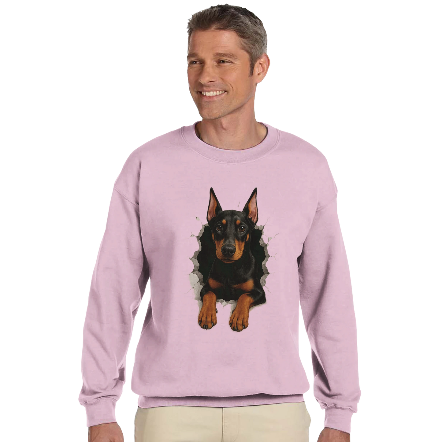 Sweat-shirt adulte unisexe classique ras du cou rose Dobermann trou mur