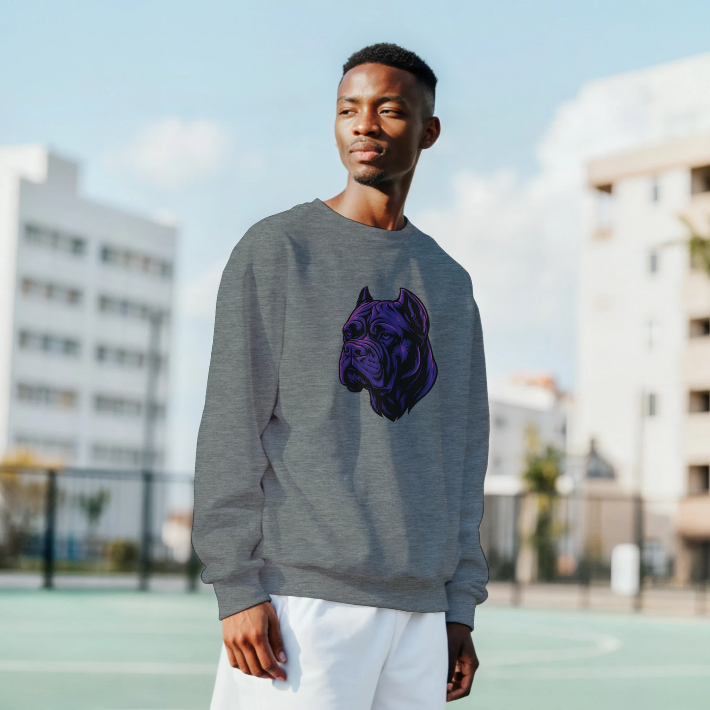 Sweat-shirt adulte unisexe classique ras du cou gris tête Cane Corso