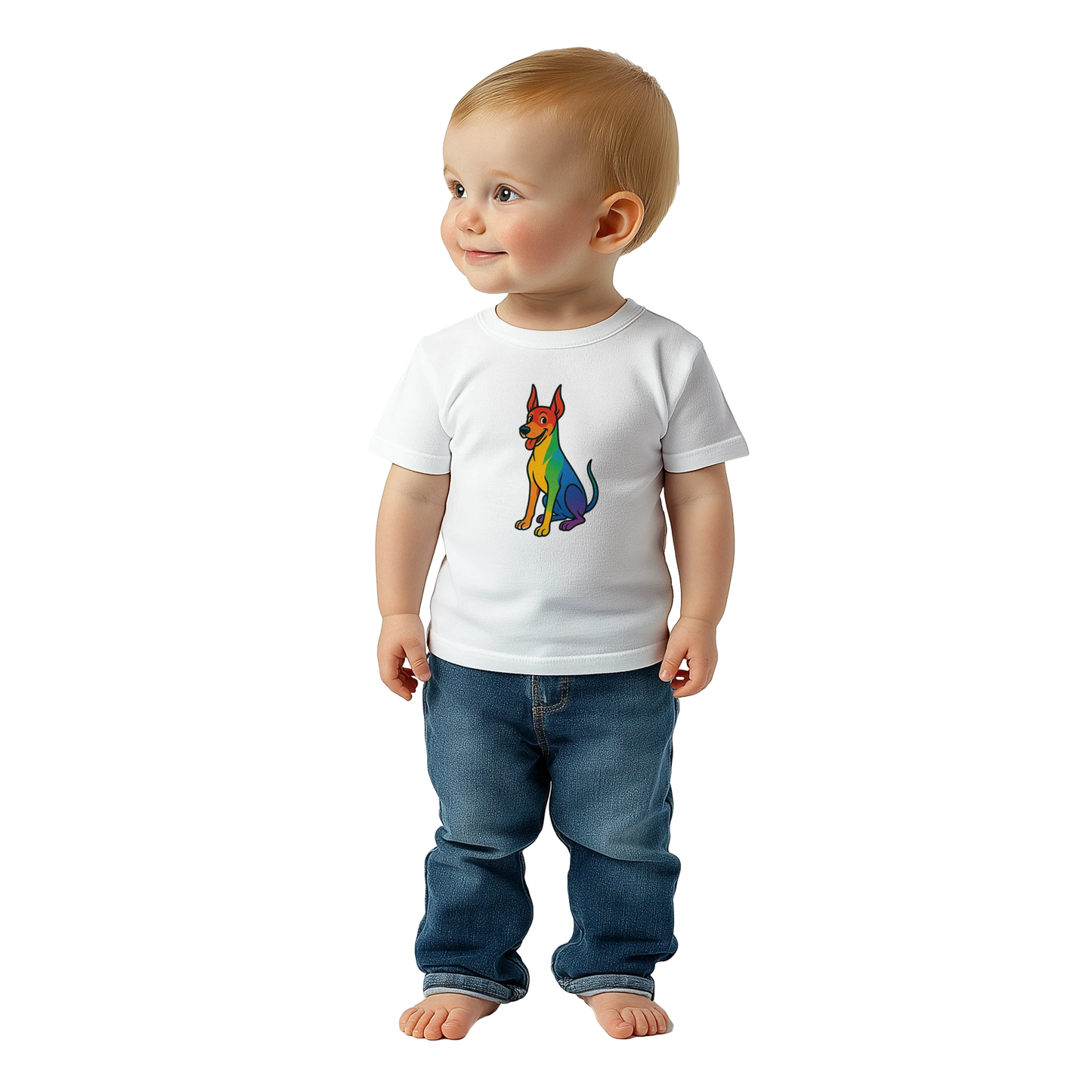 T-shirt bébé blanc coton manches courtes Dobermann arc en ciel